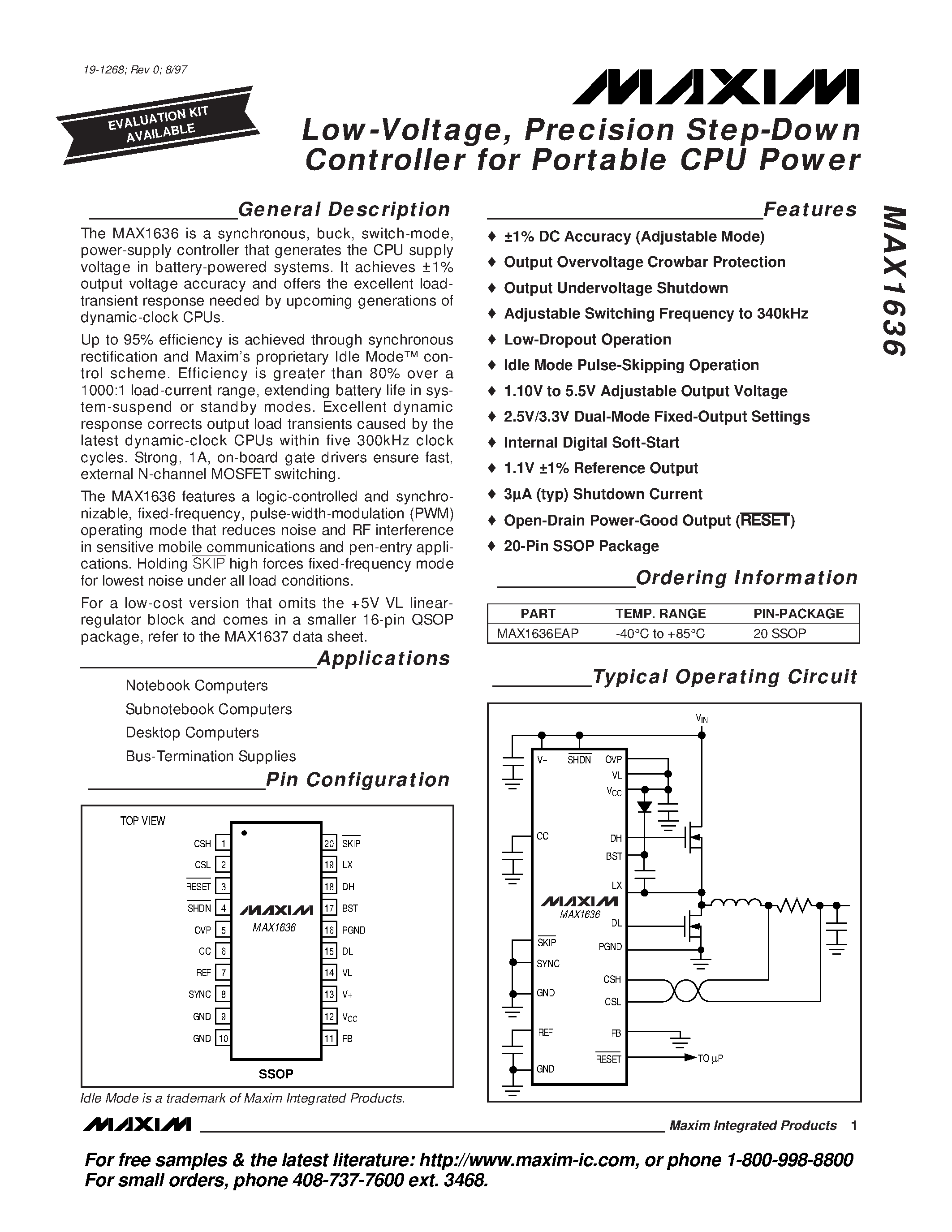 Datasheet MAX1636EAP - Low-Voltage / Precision Step-Down Controller for Portable CPU Power page 1