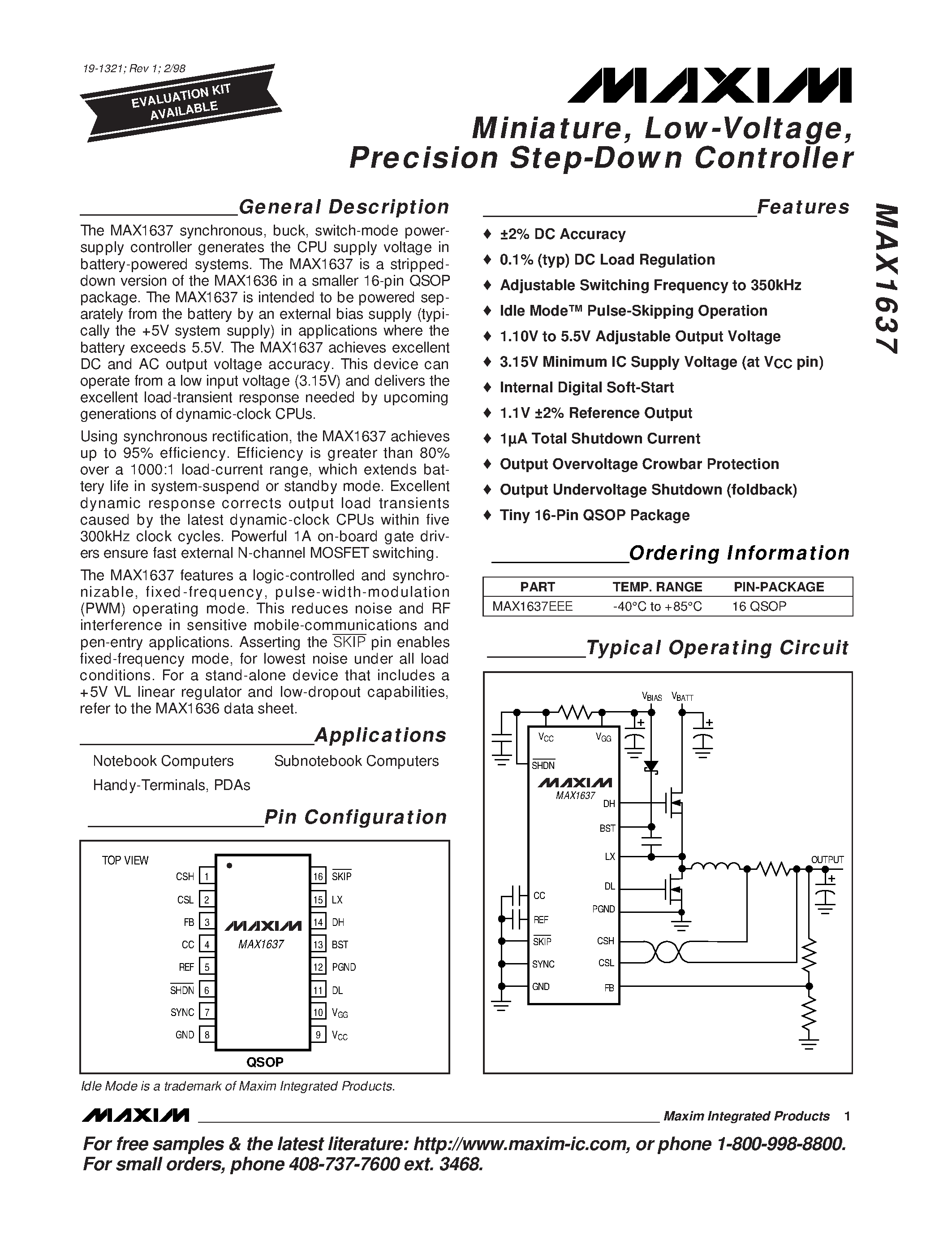 Datasheet MAX1637 - Miniature / Low-Voltage / Precision Step-Down Controller page 1