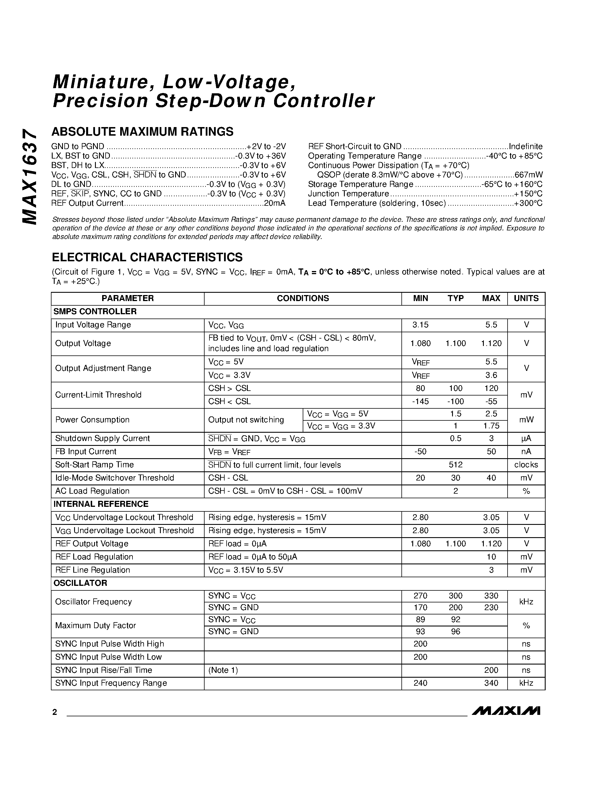 Datasheet MAX1637EEE - Miniature / Low-Voltage / Precision Step-Down Controller page 2