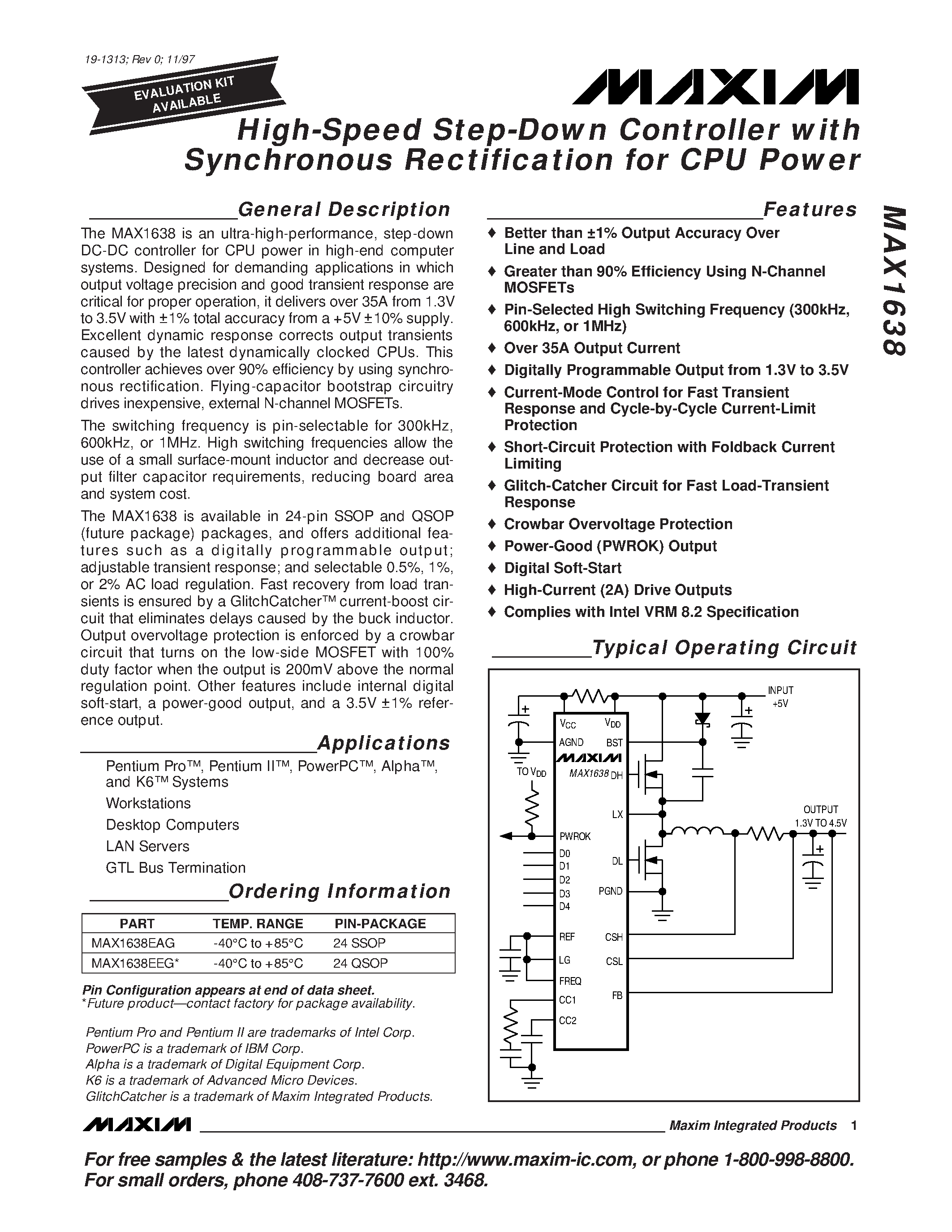 Datasheet MAX1638 - High-Speed Step-Down Controller with Synchronous Rectification for CPU Power page 1