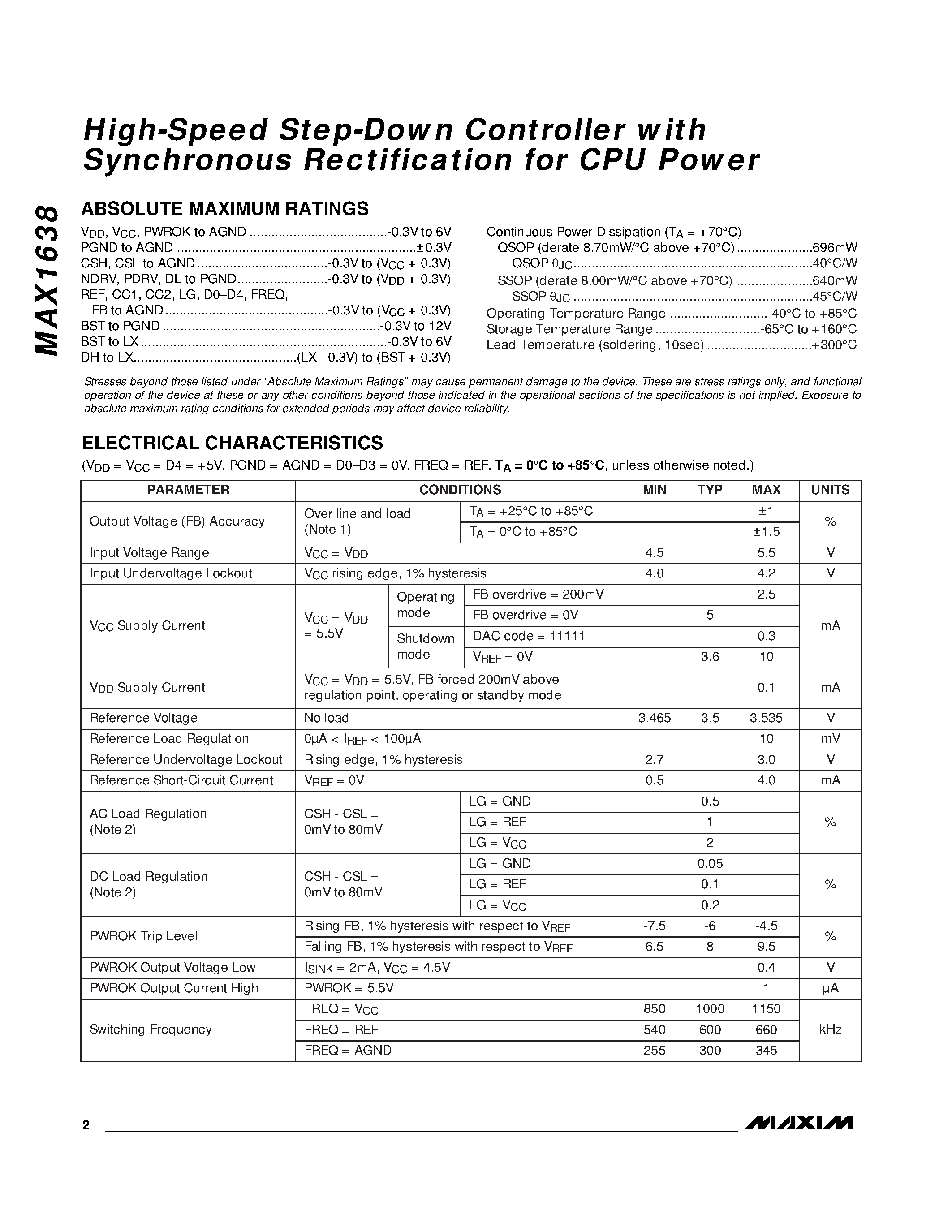 Datasheet MAX1638EAG - High-Speed Step-Down Controller with Synchronous Rectification for CPU Power page 2