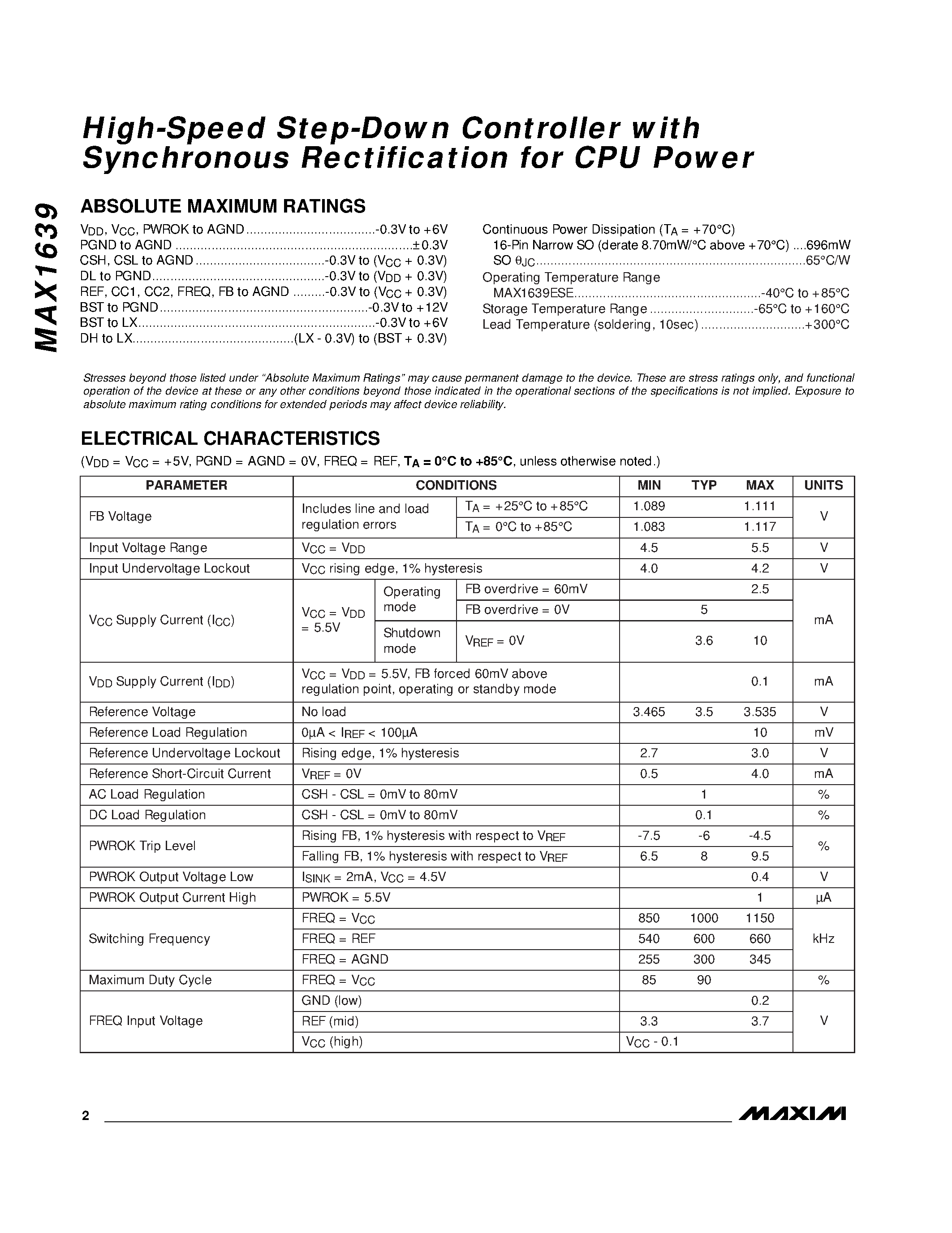 Datasheet MAX1639 - High-Speed Step-Down Controller with Synchronous Rectification for CPU Power page 2