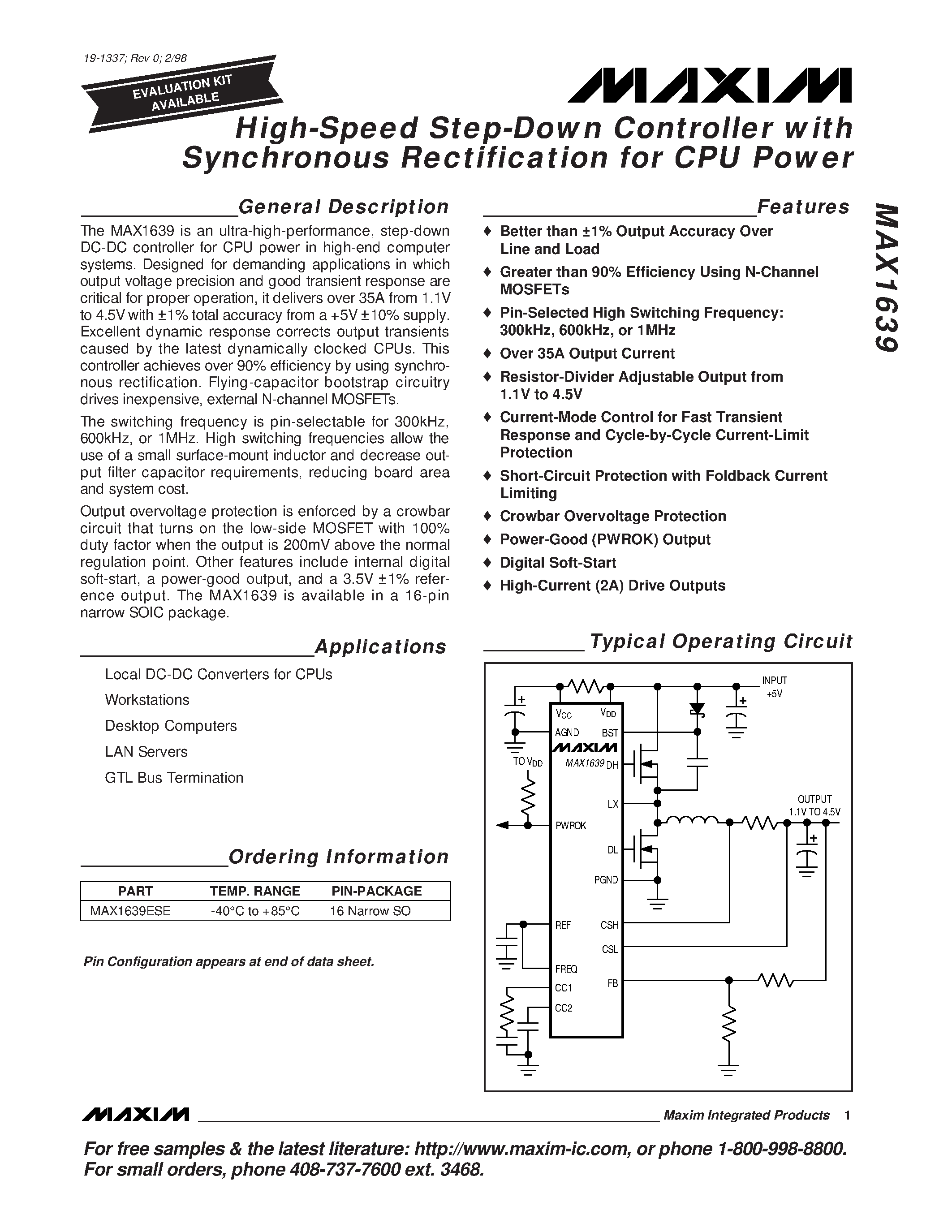 Datasheet MAX1639ESE - High-Speed Step-Down Controller with Synchronous Rectification for CPU Power page 1