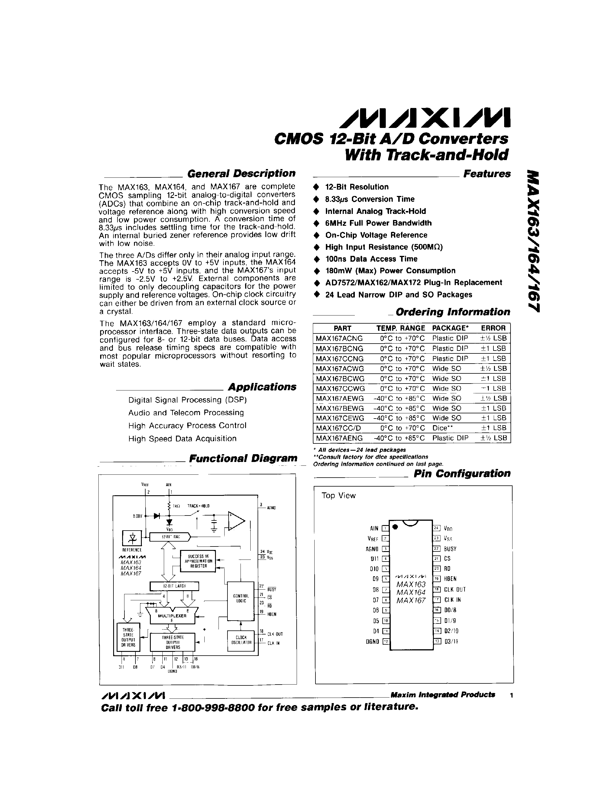 Даташит MAX163BEWG - CMOS 12-Bit A/D Converters With Track-and-Hold страница 1