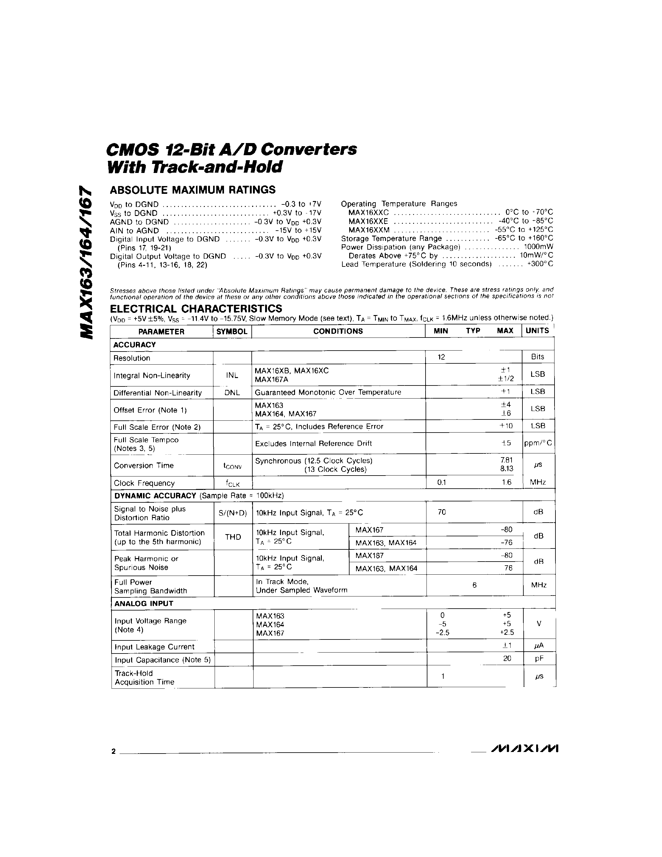 Даташит MAX163CCWG - CMOS 12-Bit A/D Converters With Track-and-Hold страница 2