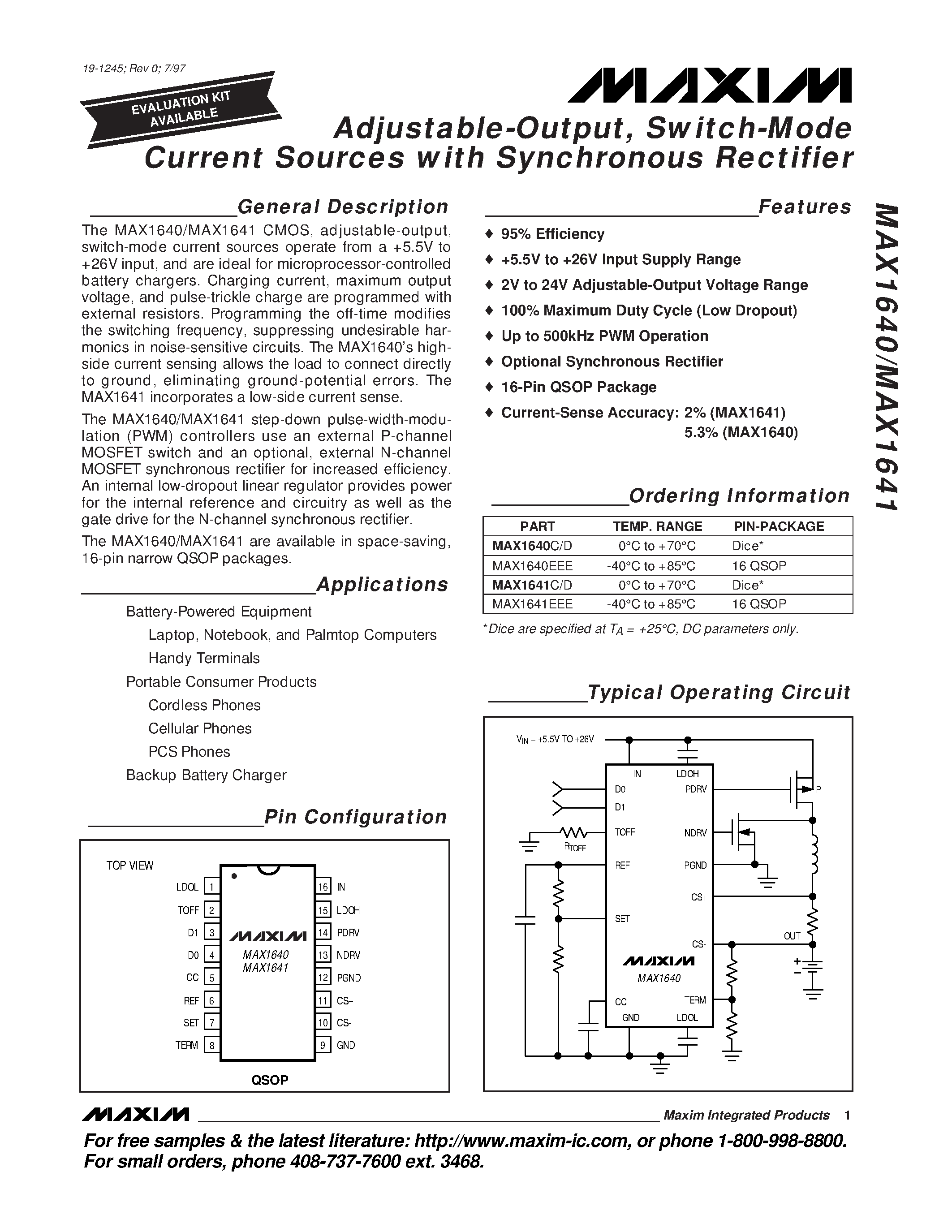 Datasheet MAX1641EEE page 1 Datasheet MAX1641EEE - Adjustable-Output / Switch-Mode Current Sources with Synchronous Rectifier page 1