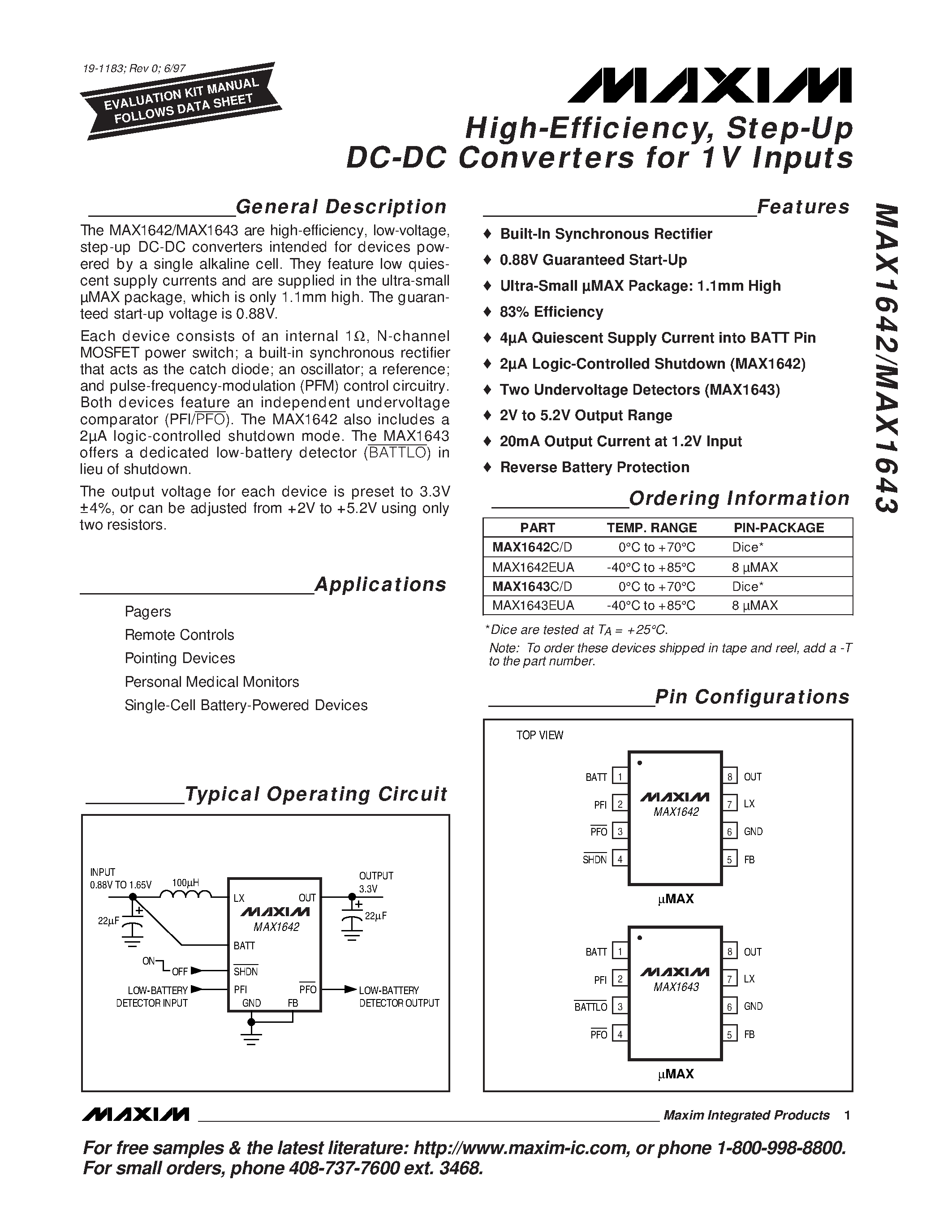 Datasheet MAX1642-MAX1643 - High-Efficiency / Step-Up DC-DC Converters for 1V Inputs page 1