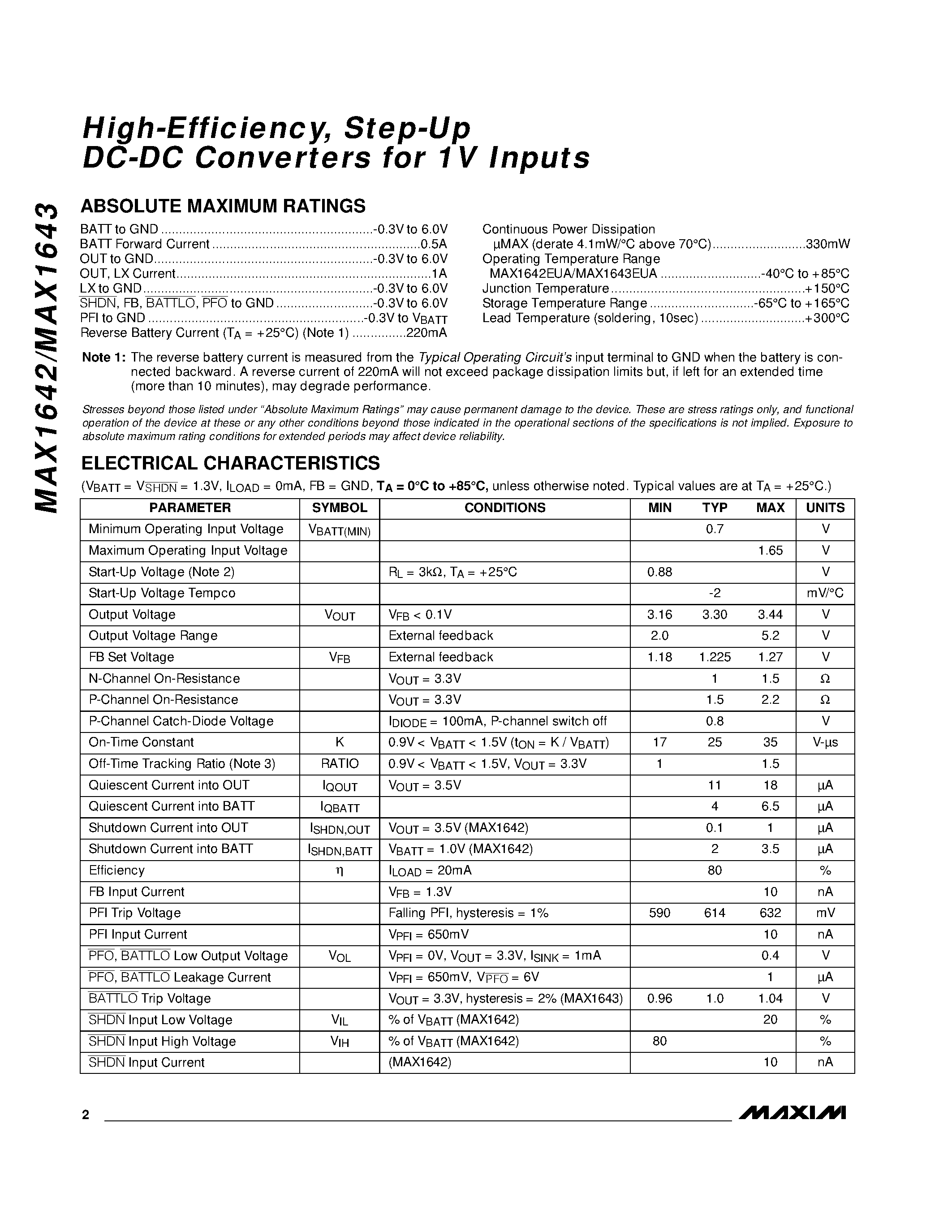 Даташит на микросхему MAX1642EUA страница 2 Даташит MAX1642EUA - High-Efficiency / Step-Up DC-DC Converters for 1V Inputs страница 2