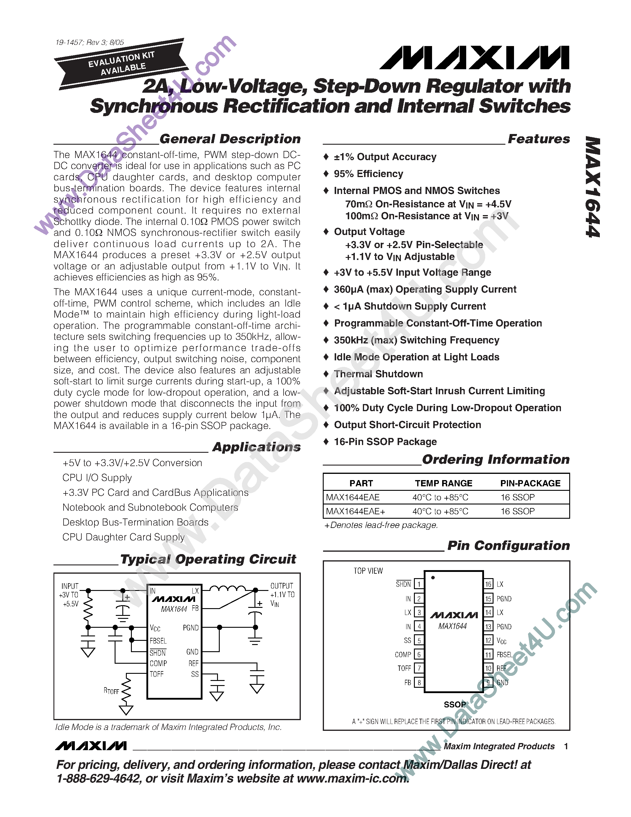 Datasheet MAX1644 - Advanced Chemistry-Independent / Level 2 Battery Charger with Input Current Limiting page 1