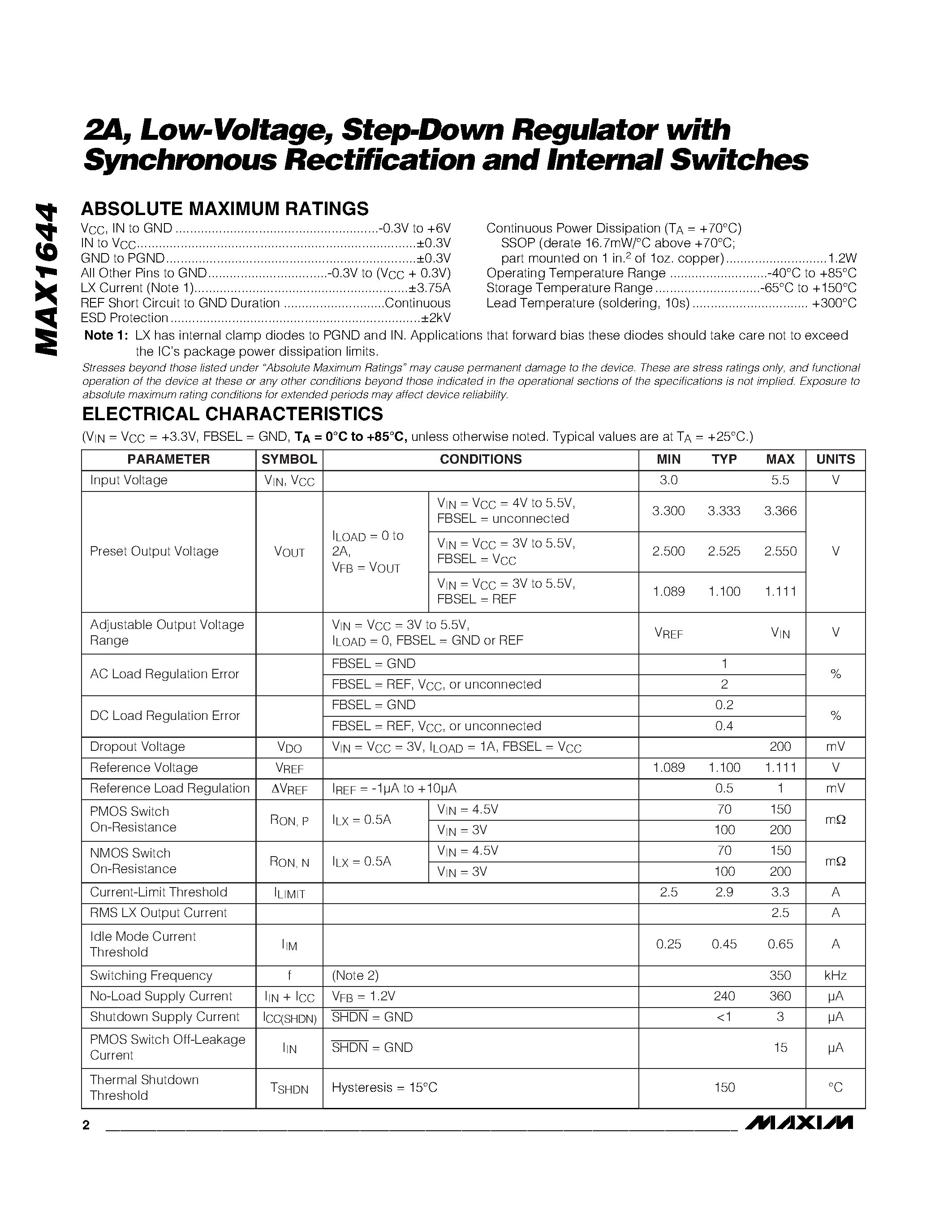Datasheet MAX1644 - Advanced Chemistry-Independent / Level 2 Battery Charger with Input Current Limiting page 2