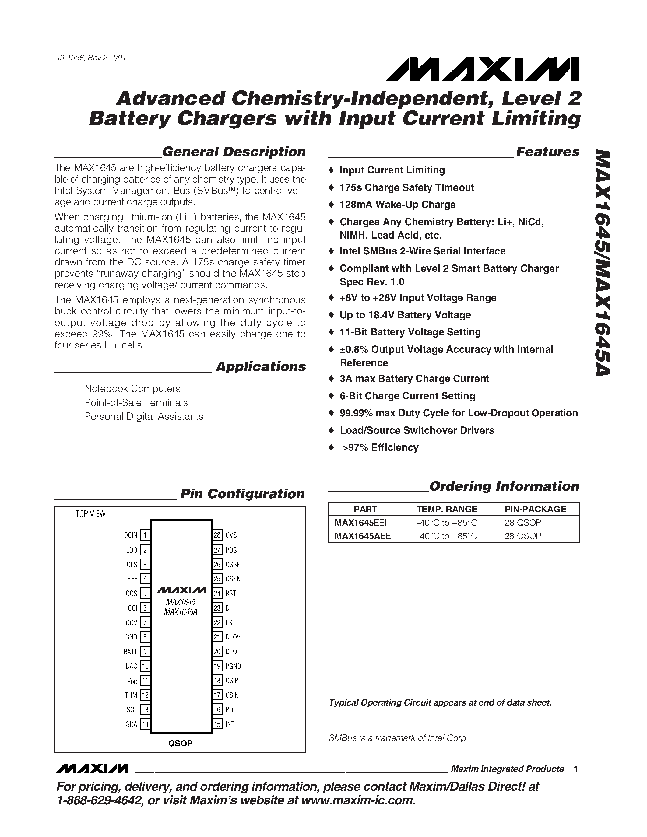 Datasheet MAX1645-MAX1645A - Advanced Chemistry-Independent / Level 2 Battery Chargers with Input Current Limiting page 1