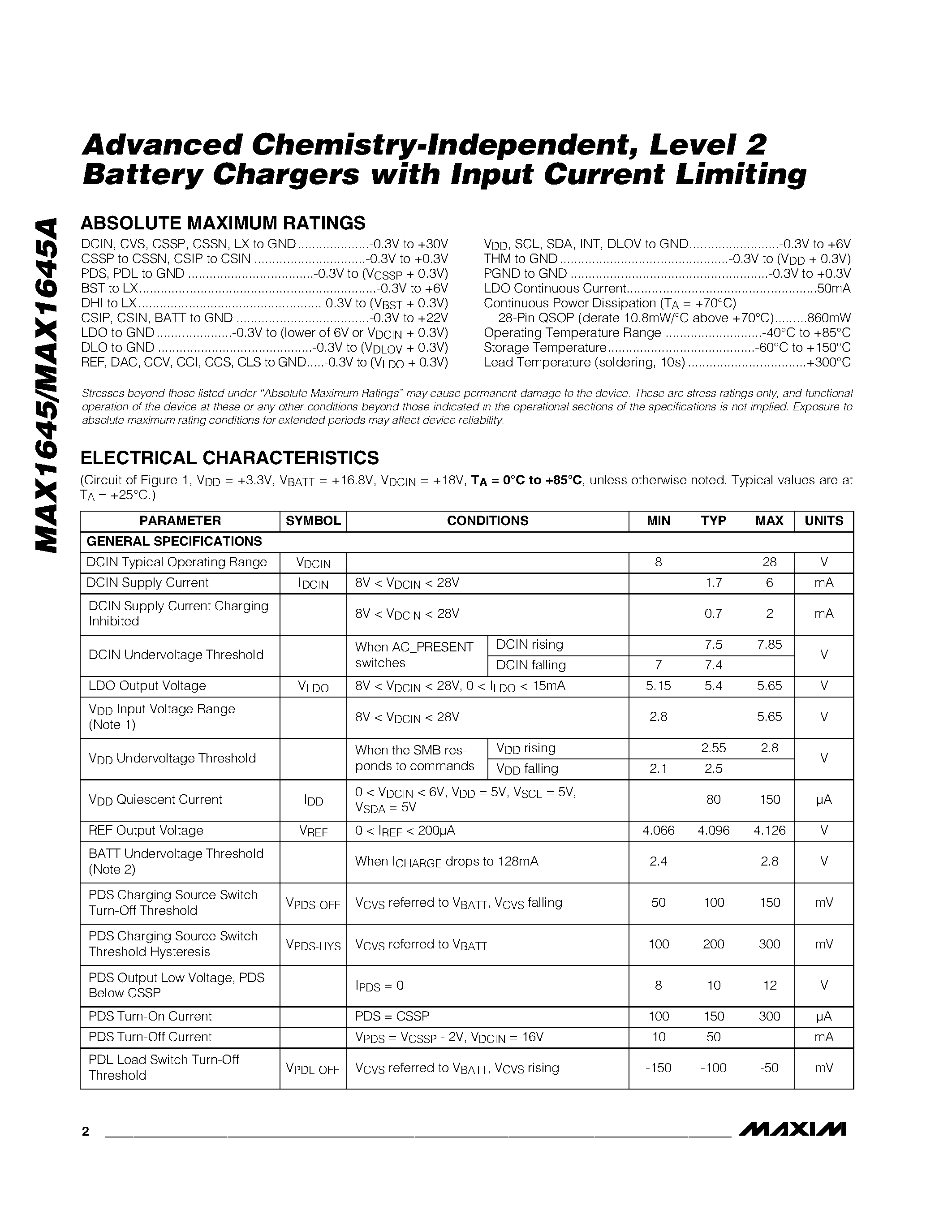 Datasheet MAX1645AEEI - Advanced Chemistry-Independent / Level 2 Battery Chargers with Input Current Limiting page 2