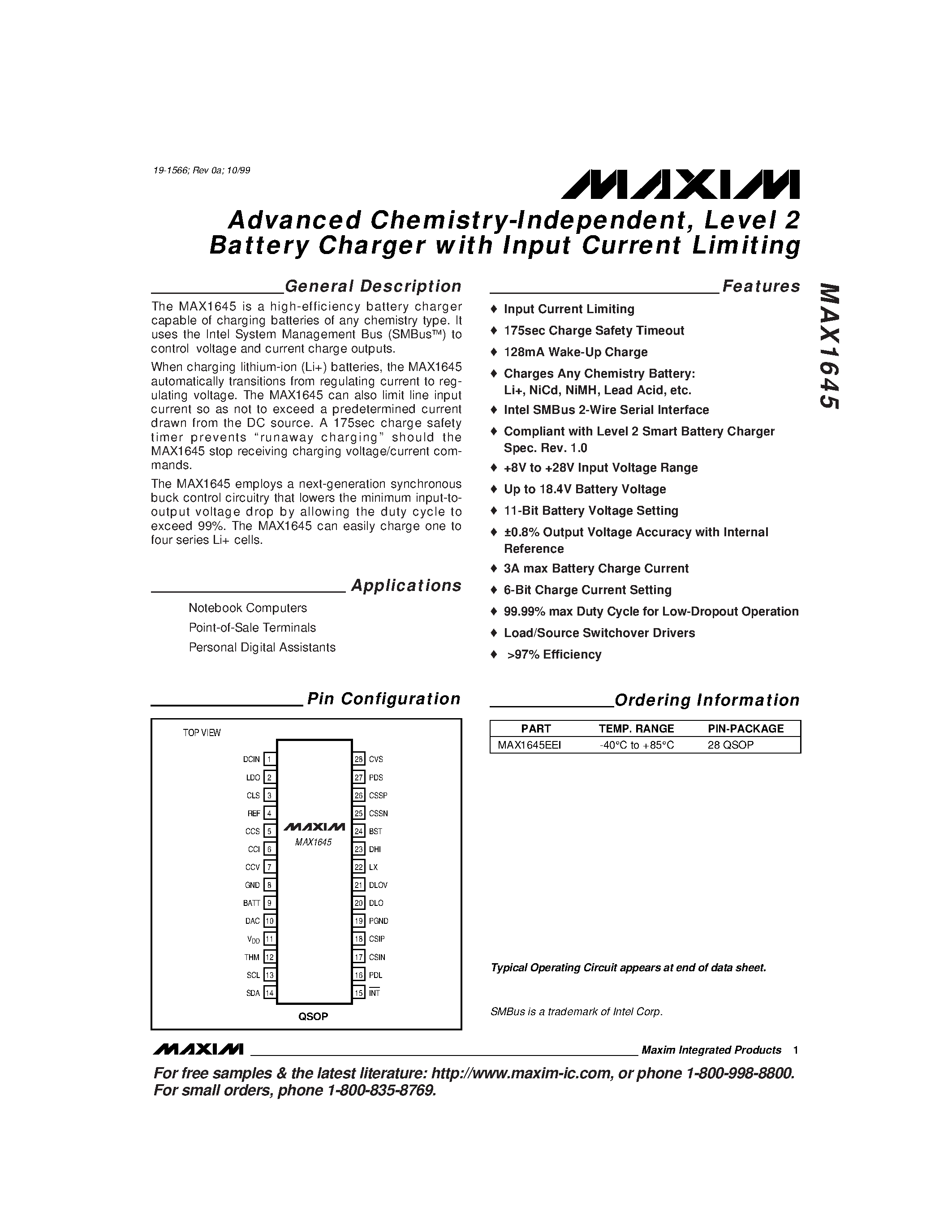 Datasheet MAX1645EEI - Advanced Chemistry-Independent / Level 2 Battery Chargers with Input Current Limiting page 1