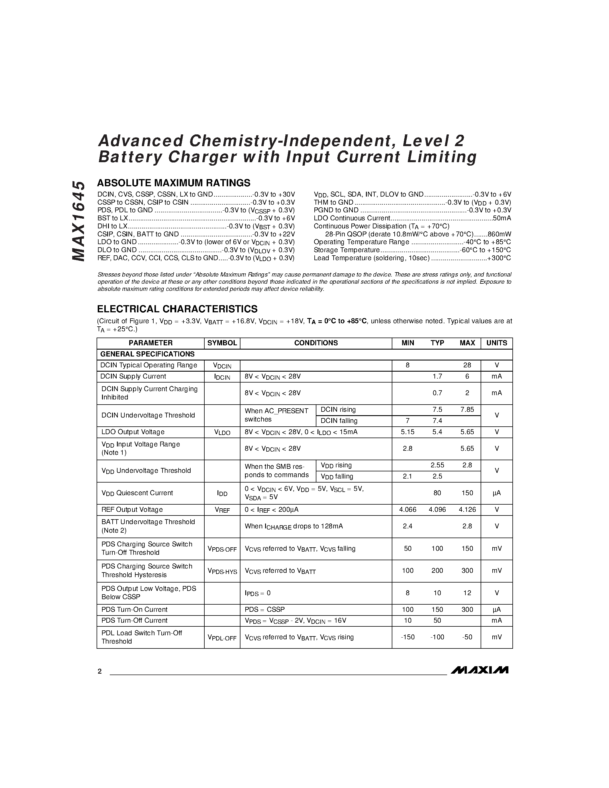 Datasheet MAX1645EEI - Advanced Chemistry-Independent / Level 2 Battery Chargers with Input Current Limiting page 2