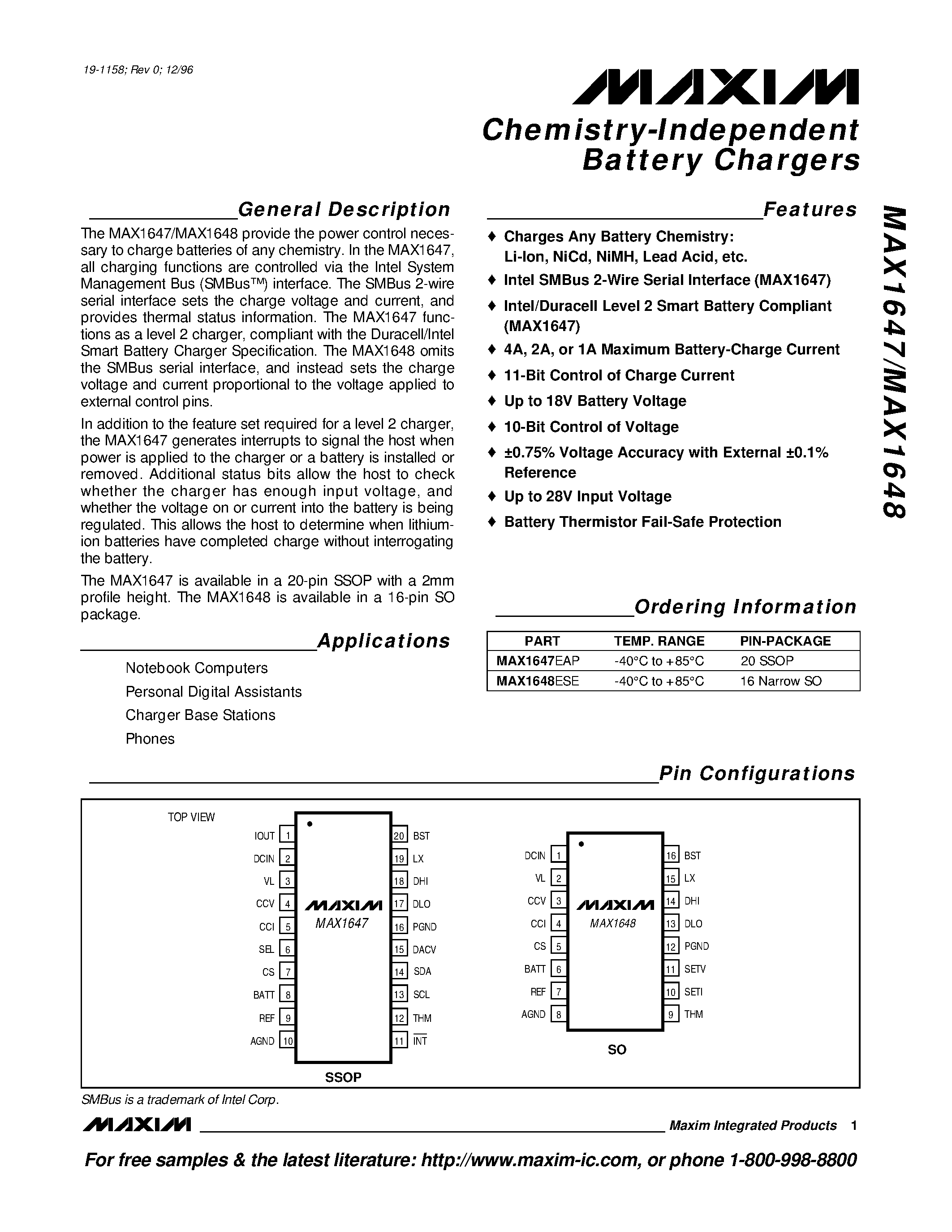 Datasheet MAX1647-MAX1648 - Chemistry-Independent Battery Chargers page 1