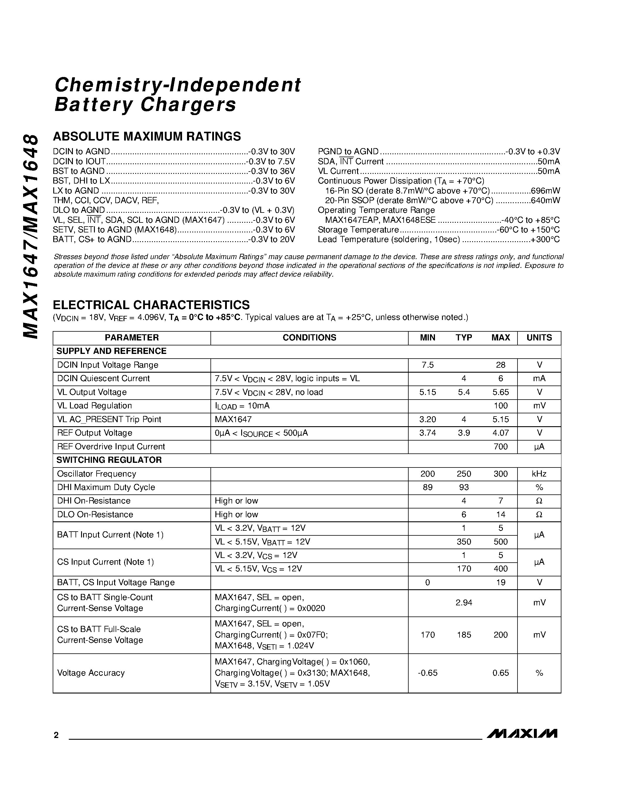 Datasheet MAX1648ESE - Chemistry-Independent Battery Chargers page 2