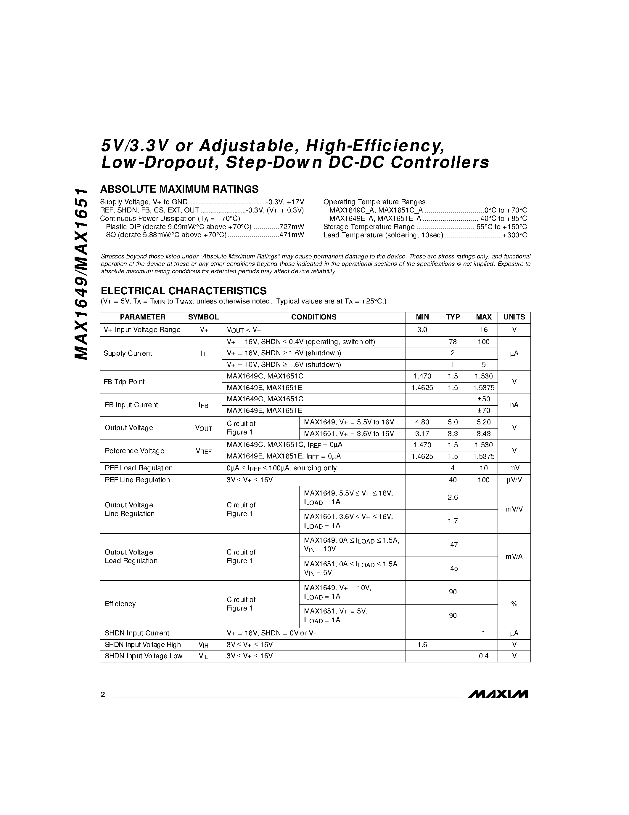 Даташит MAX1649 - 5V/3.3V or Adjustable / High-Efficiency / Low-Dropout / Step-Down DC-DC Controllers страница 2