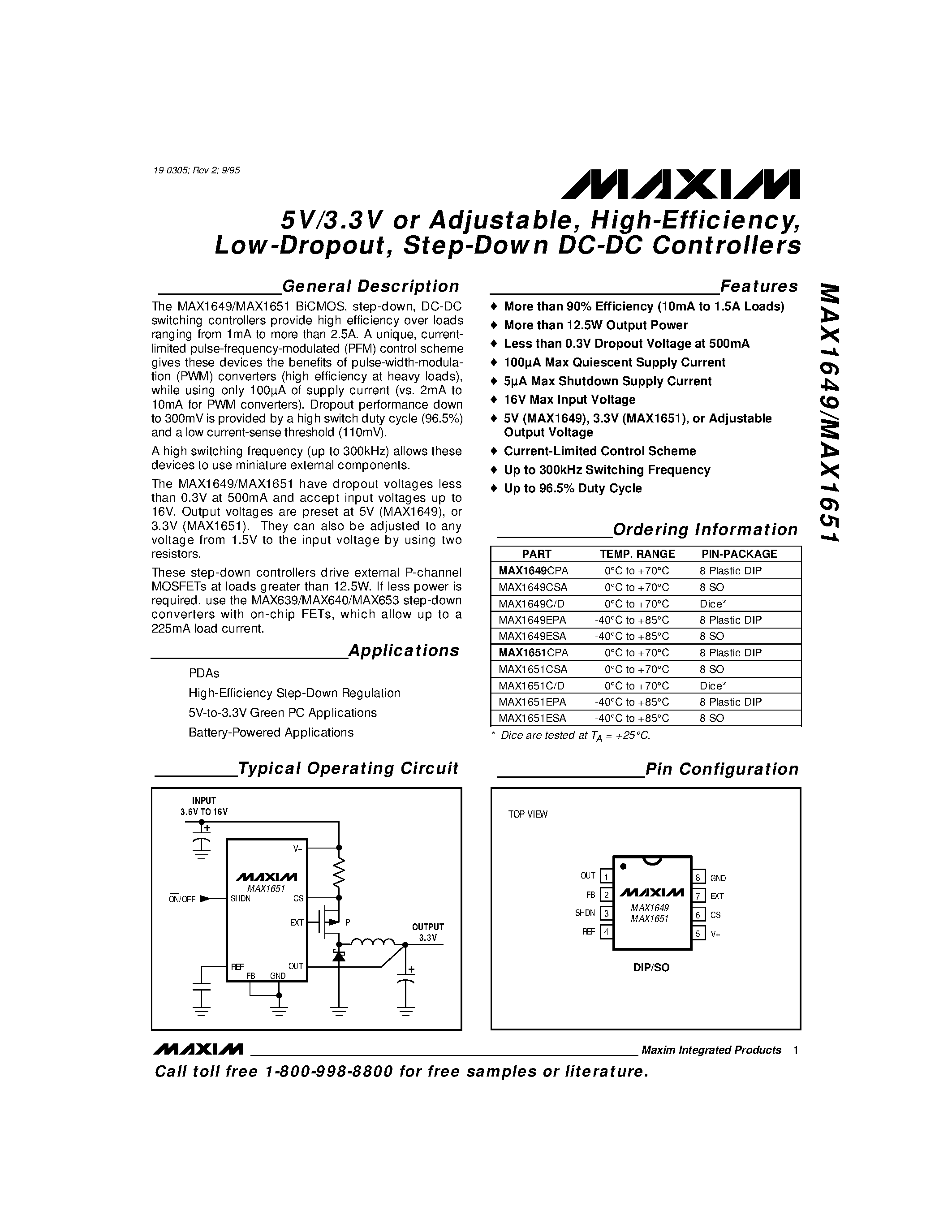 Даташит на микросхему MAX1651 страница 1 Даташит MAX1651 - 5V/3.3V or Adjustable / High-Efficiency / Low-Dropout / Step-Down DC-DC Controllers страница 1