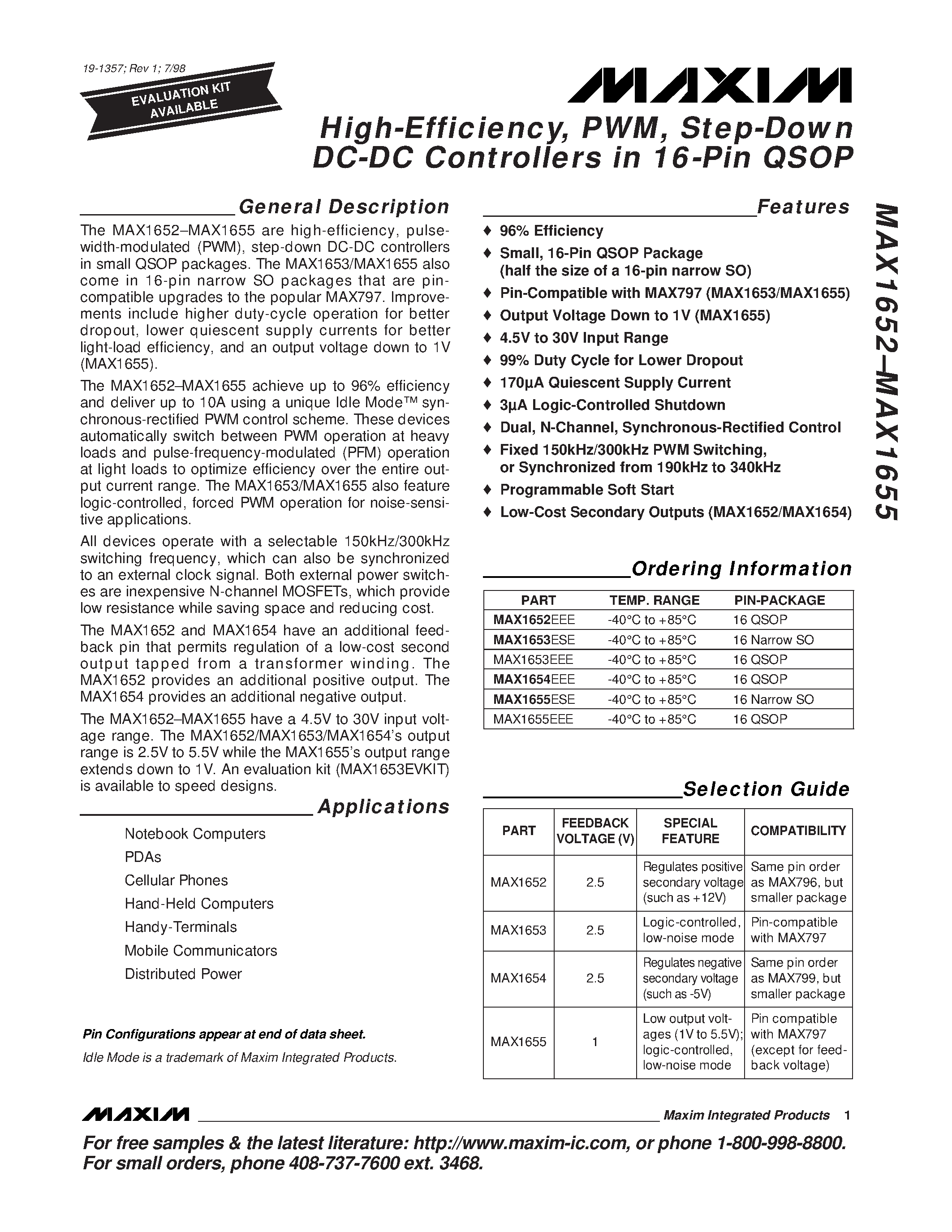 Даташит MAX1652 - High-Efficiency / PWM / Step-Down DC-DC Controllers in 16-Pin QSOP страница 1