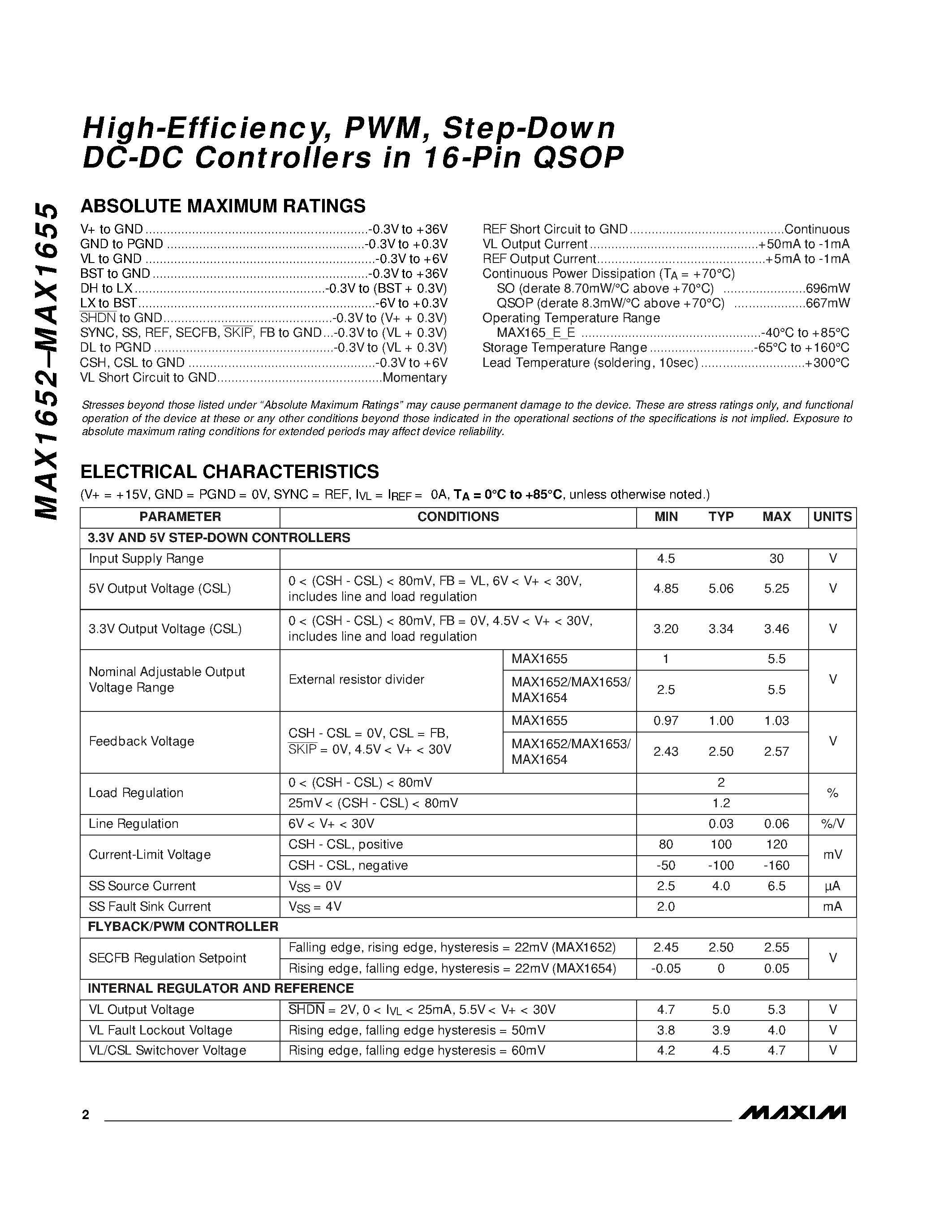 Datasheet MAX1655EEE - High-Efficiency / PWM / Step-Down DC-DC Controllers in 16-Pin QSOP page 2