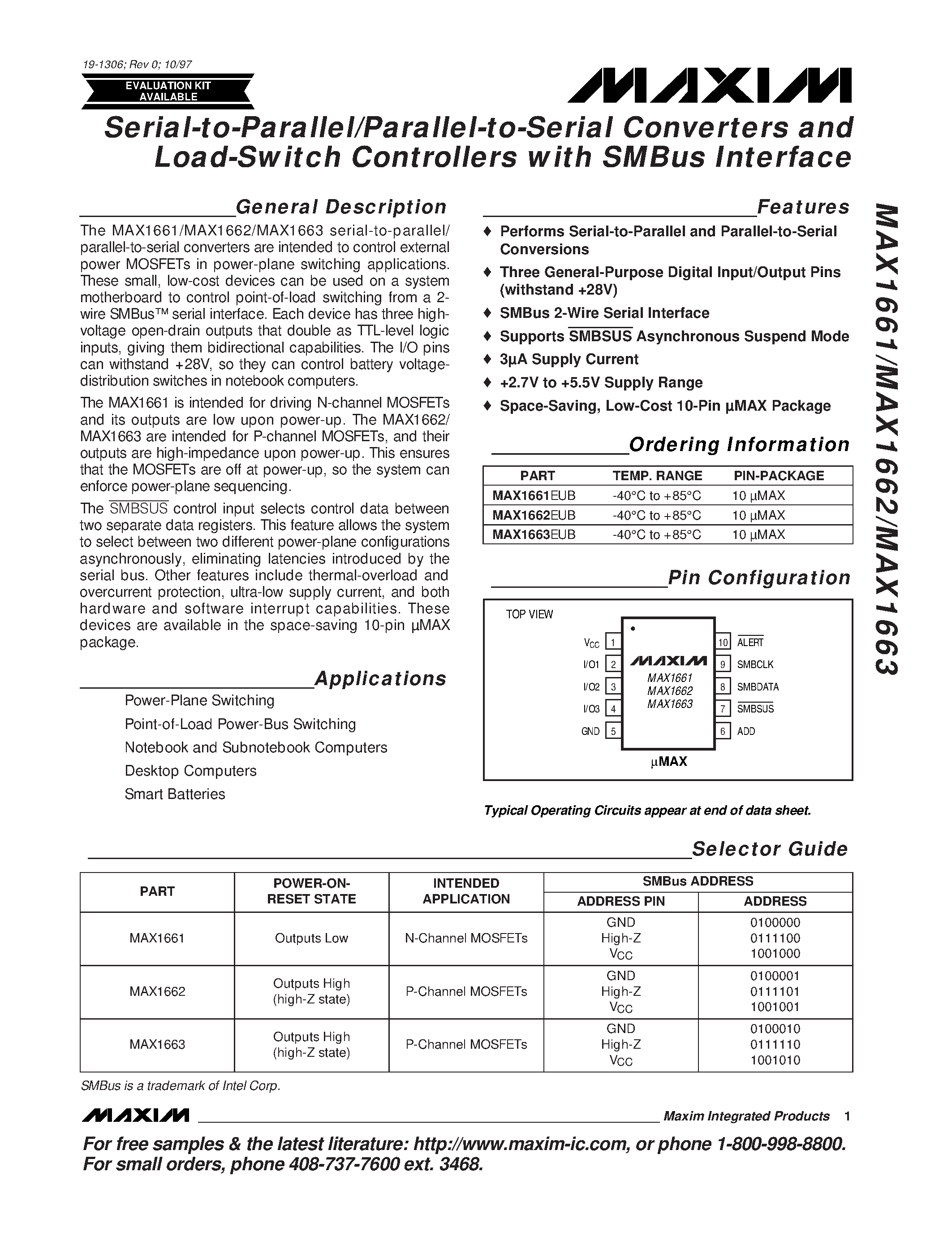 Даташит MAX1661-MAX1663 - Serial-to-Parallel/Parallel-to-Serial Converters and Load-Switch Controllers with SMBus Interface страница 1
