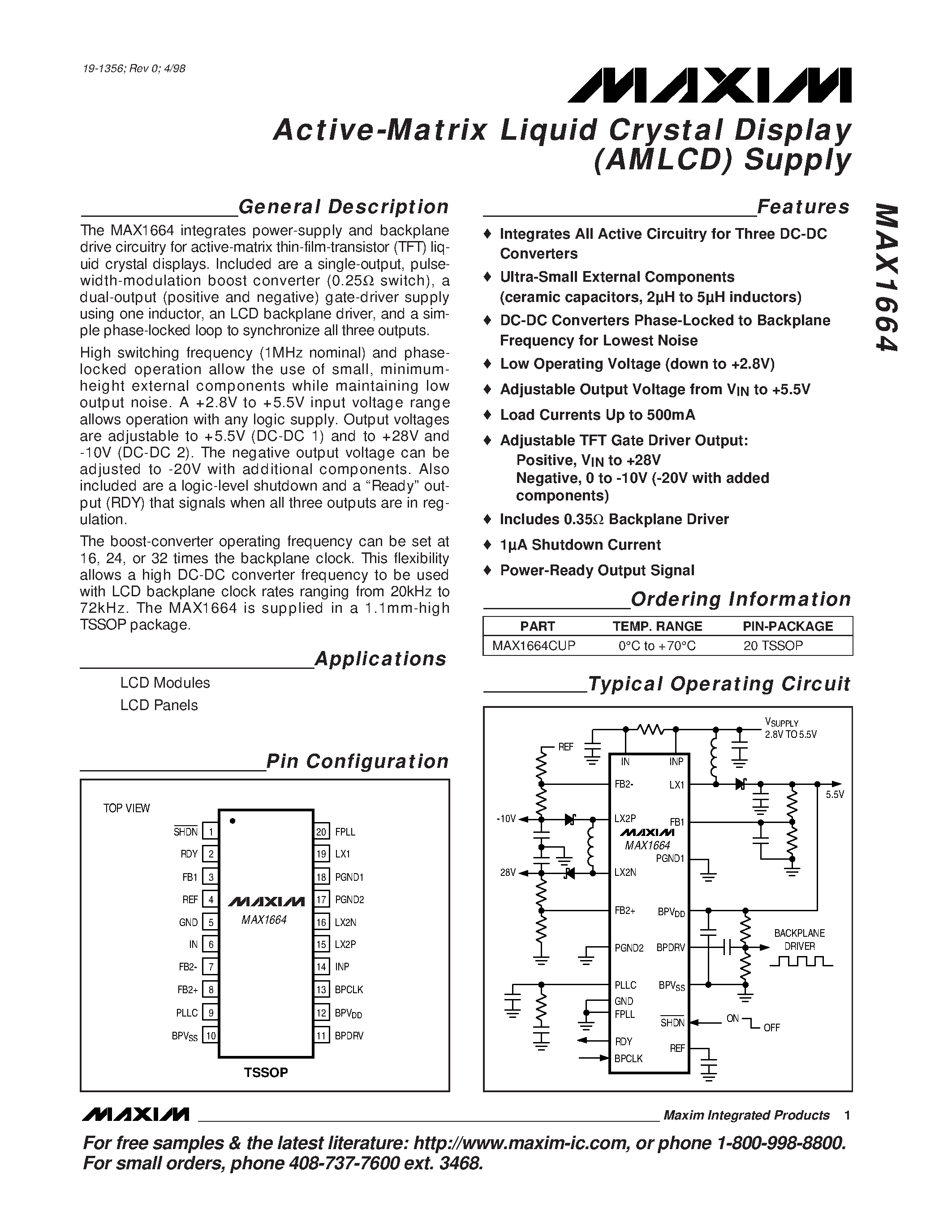 Даташит MAX1664 - Active-Matrix Liquid Crystal Display AMLCD Supply страница 1