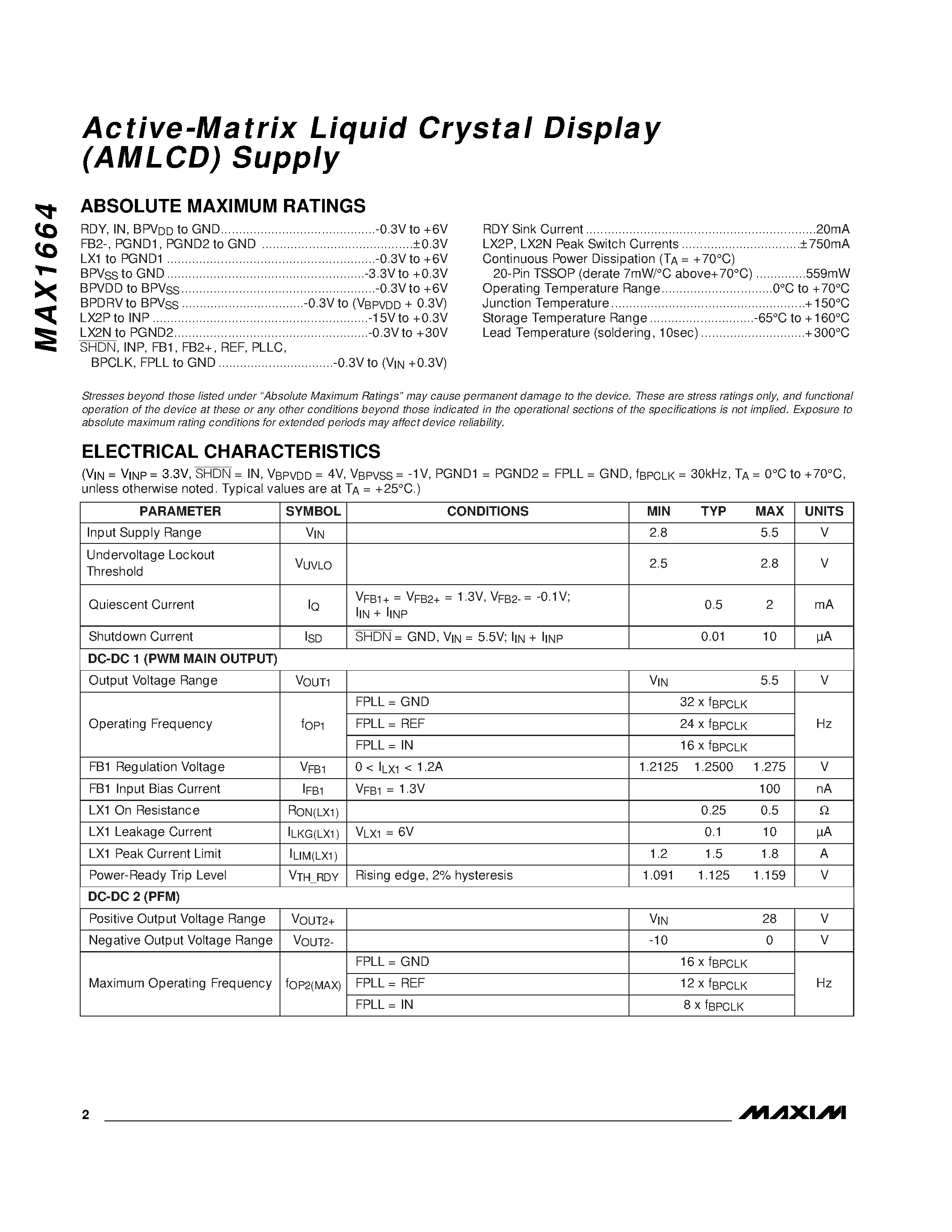 Даташит MAX1664CUP - Active-Matrix Liquid Crystal Display AMLCD Supply страница 2