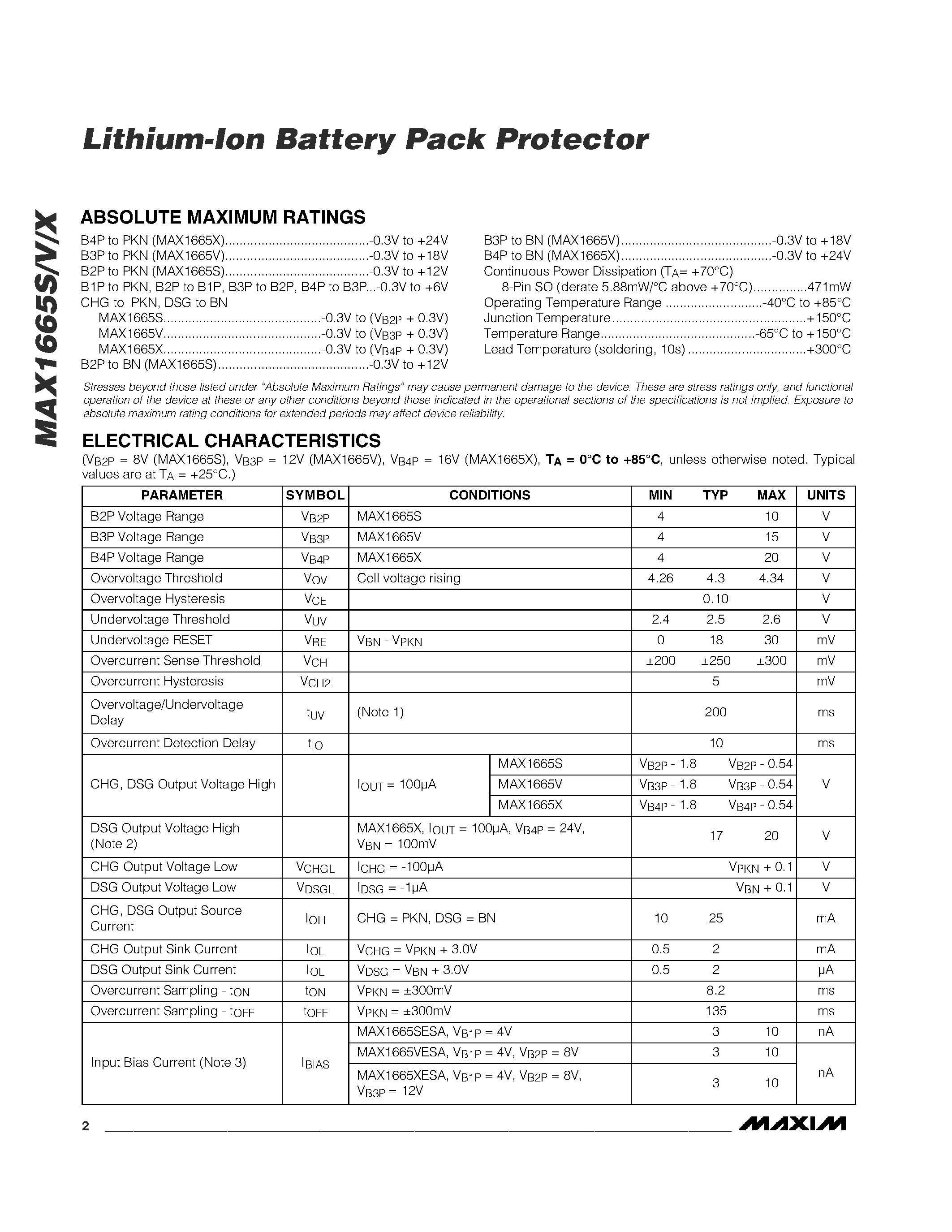 Datasheet MAX1665SESA - Lithium-Ion Battery Pack Protector page 2