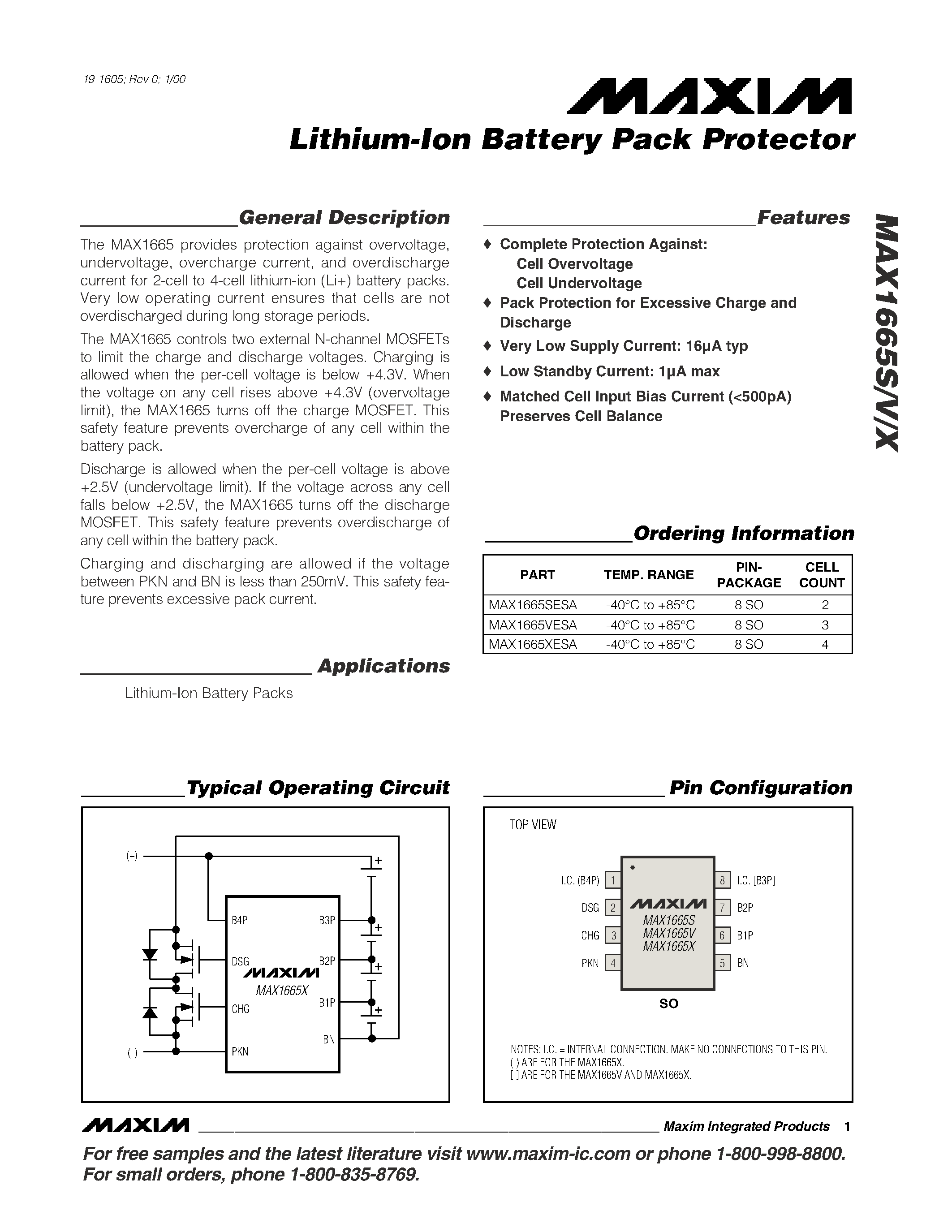 Datasheet MAX1665VESA - Lithium-Ion Battery Pack Protector page 1