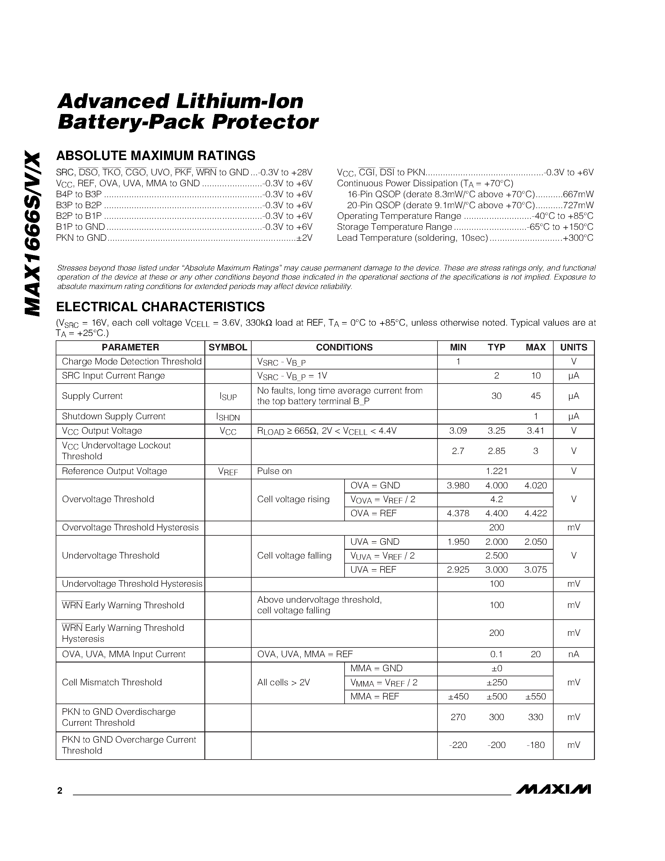 Datasheet MAX1666V - Advanced Lithium-Ion Battery-Pack Protector page 2