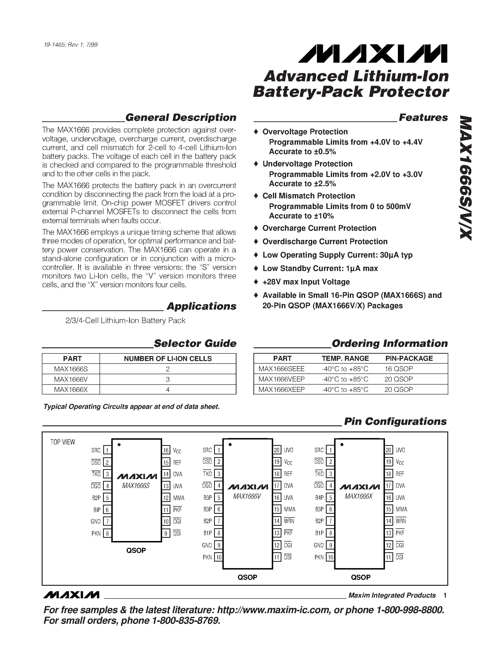 Datasheet MAX1666VEEP - Advanced Lithium-Ion Battery-Pack Protector page 1