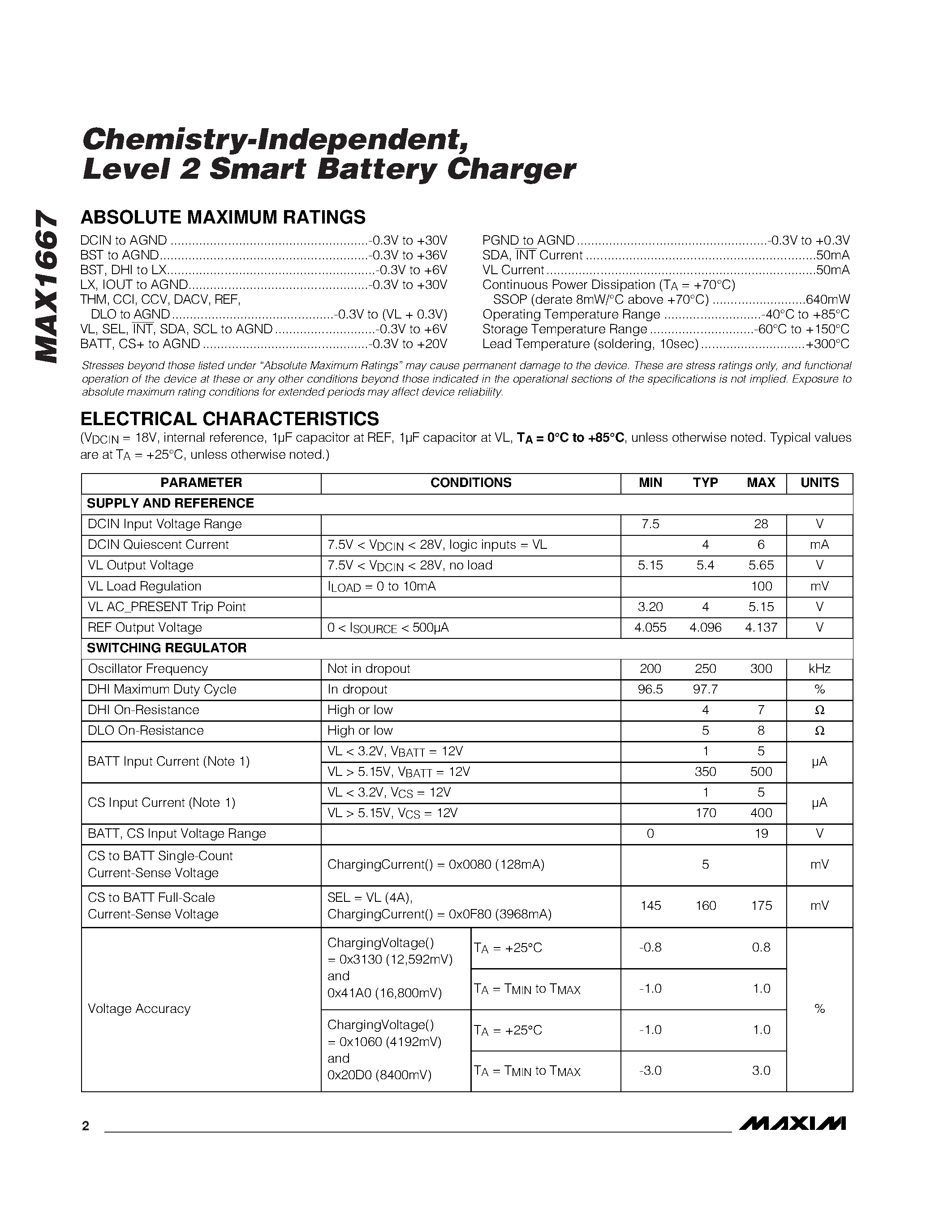 Datasheet MAX1667 - Chemistry-Independent / Level 2 Smart Battery Charger page 2