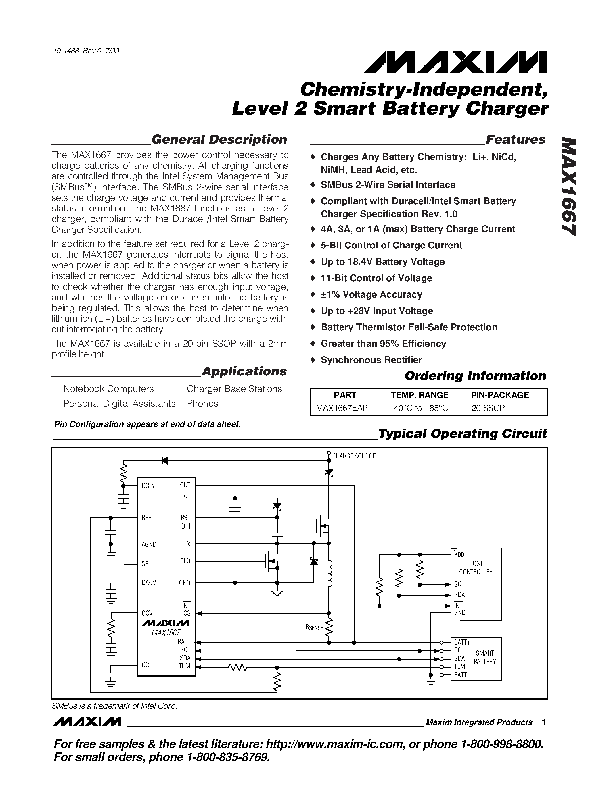 Datasheet MAX1667EAP - Chemistry-Independent / Level 2 Smart Battery Charger page 1