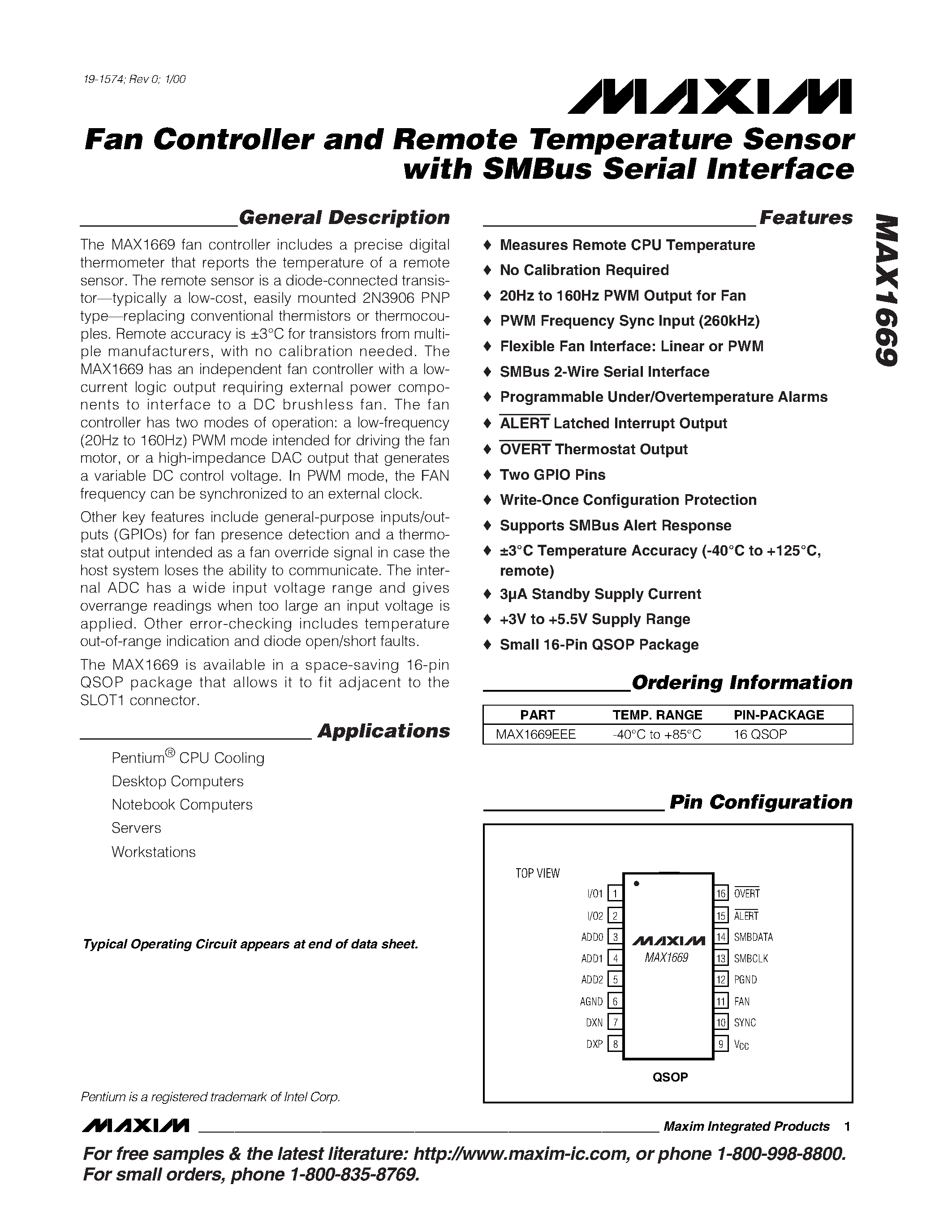 Даташит MAX1669 - Fan Controller and Remote Temperature Sensor with SMBus Serial Interface страница 1