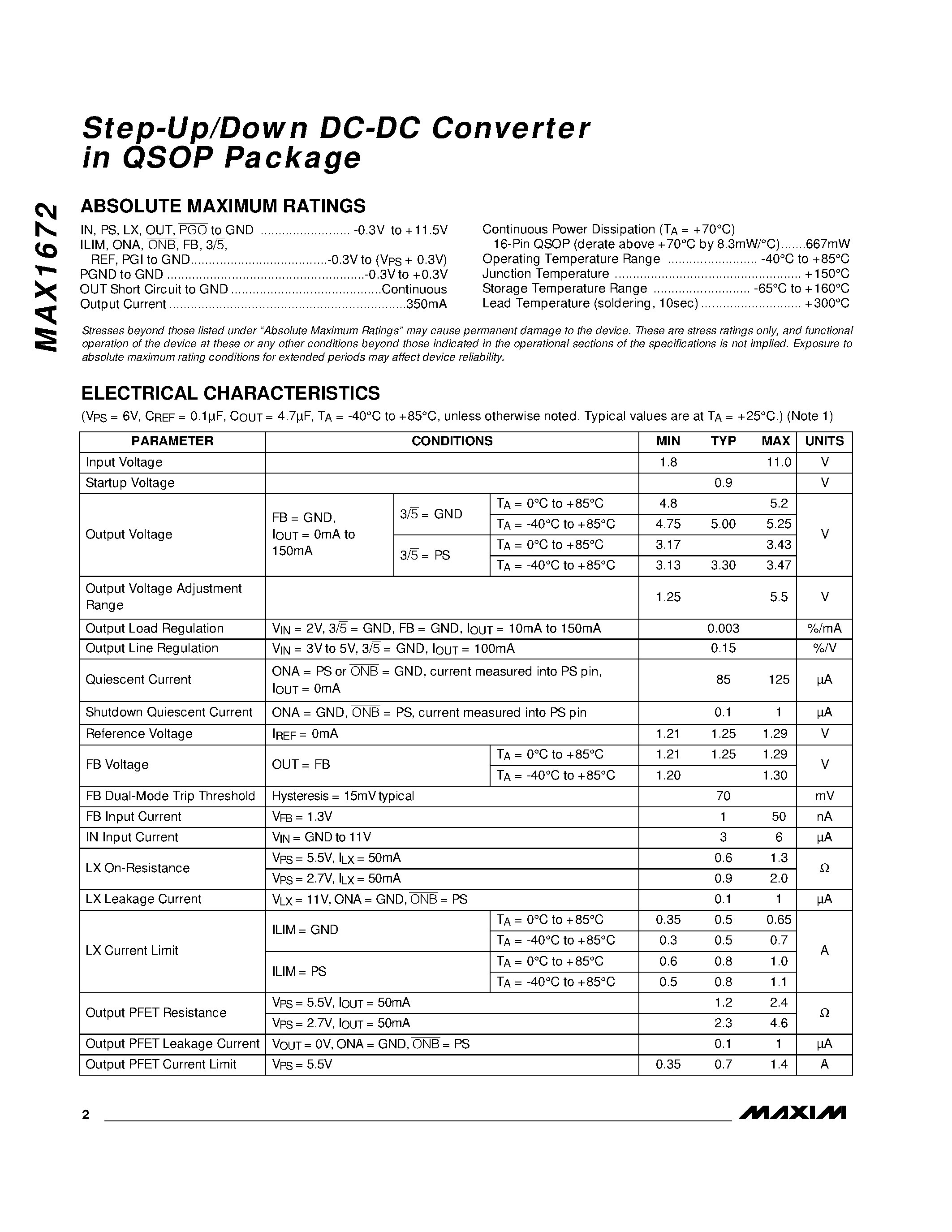 Даташит MAX1672 - Step-Up/Down DC-DC Converter in QSOP Package страница 2