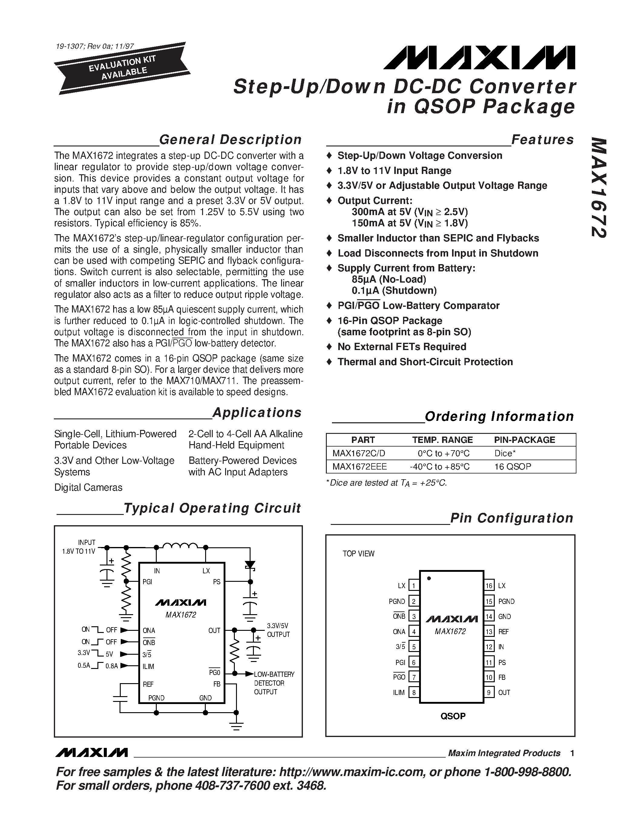 Datasheet MAX1672EEE - Step-Up/Down DC-DC Converter in QSOP Package page 1