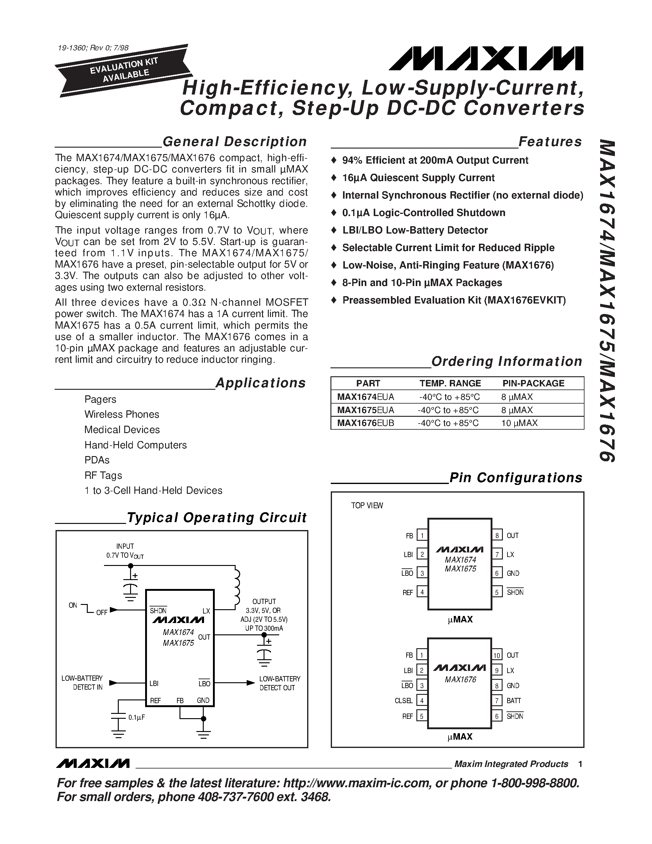 Datasheet MAX1674 - High-Efficiency / Low-Supply-Current / Compact / Step-Up DC-DC Converters page 1