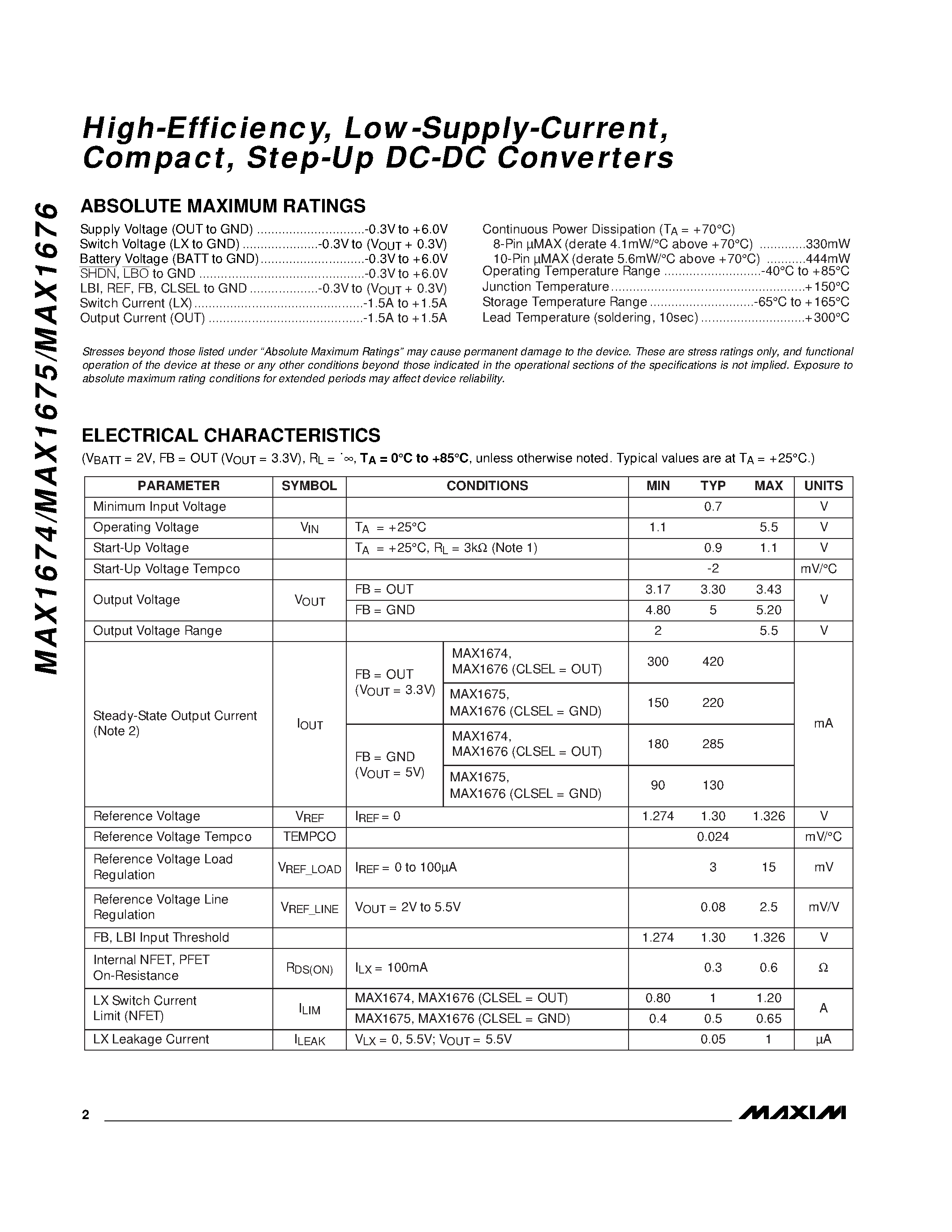 Datasheet MAX1674 - High-Efficiency / Low-Supply-Current / Compact / Step-Up DC-DC Converters page 2