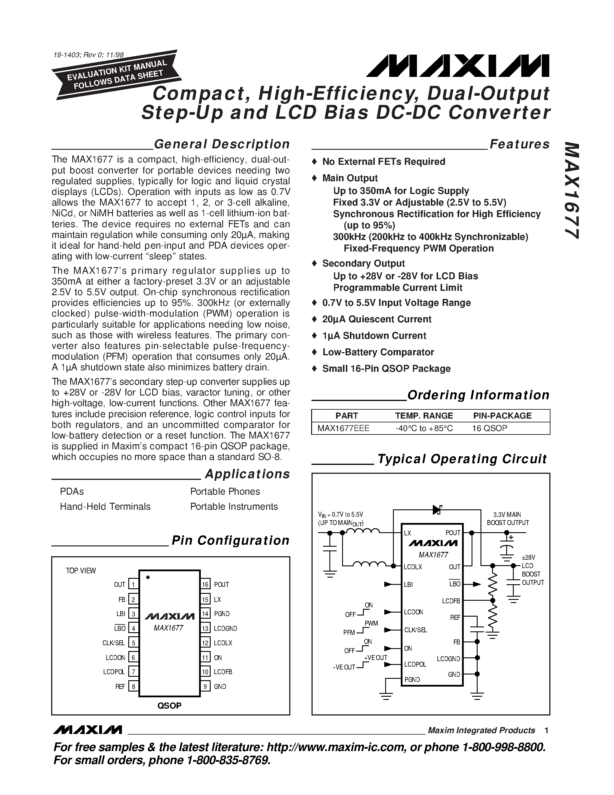 Даташит MAX1677 - Compact / High-Efficiency / Dual-Output Step-Up and LCD Bias DC-DC Converter страница 1