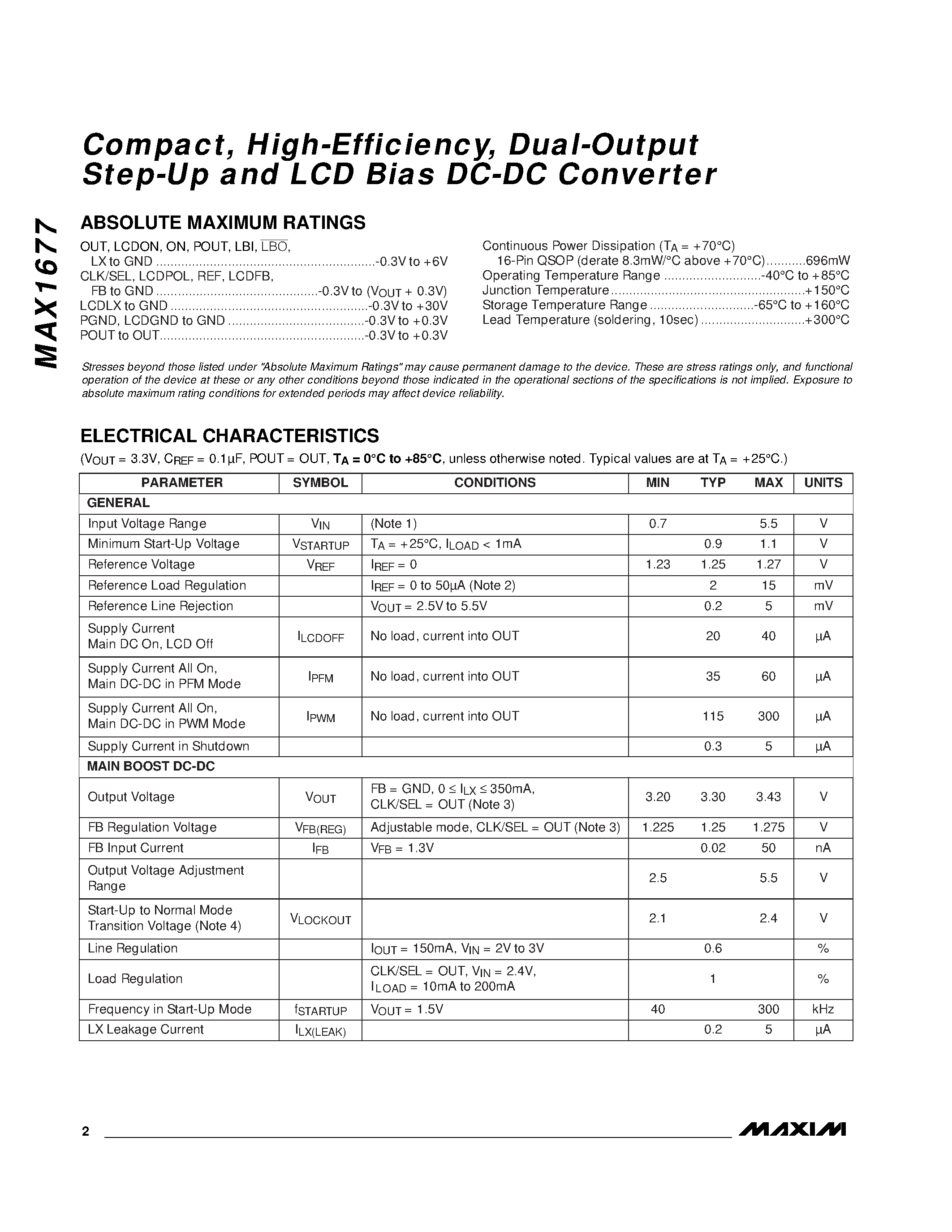 Даташит MAX1677 - Compact / High-Efficiency / Dual-Output Step-Up and LCD Bias DC-DC Converter страница 2