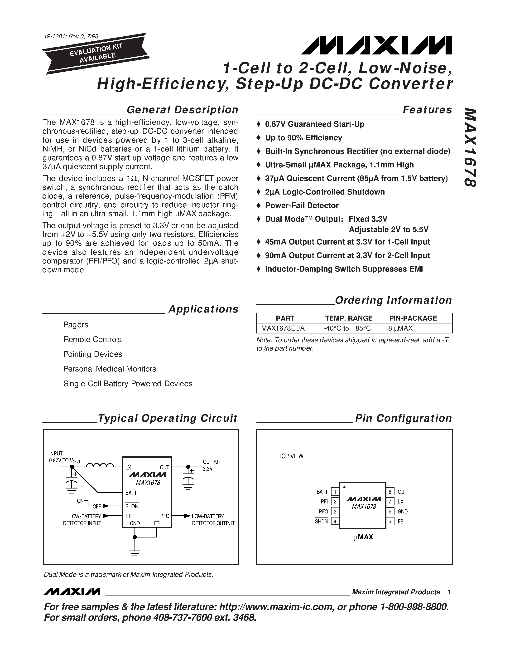Даташит MAX1678 - 1-Cell to 2-Cell / Low-Noise / High-Efficiency / Step-Up DC-DC Converter страница 1