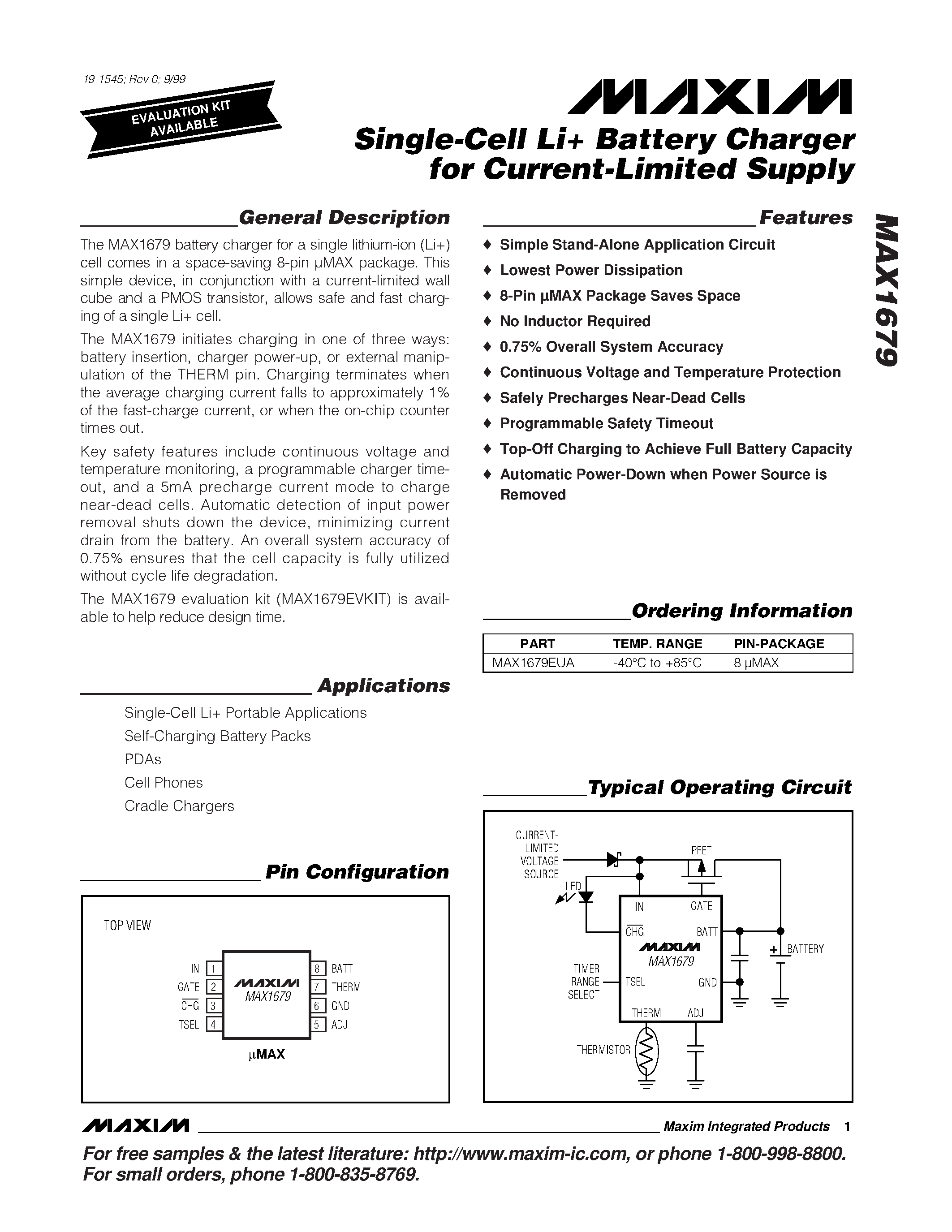 Datasheet MAX1679 - Single-Cell Li Battery Charger for Current-Limited Supply page 1