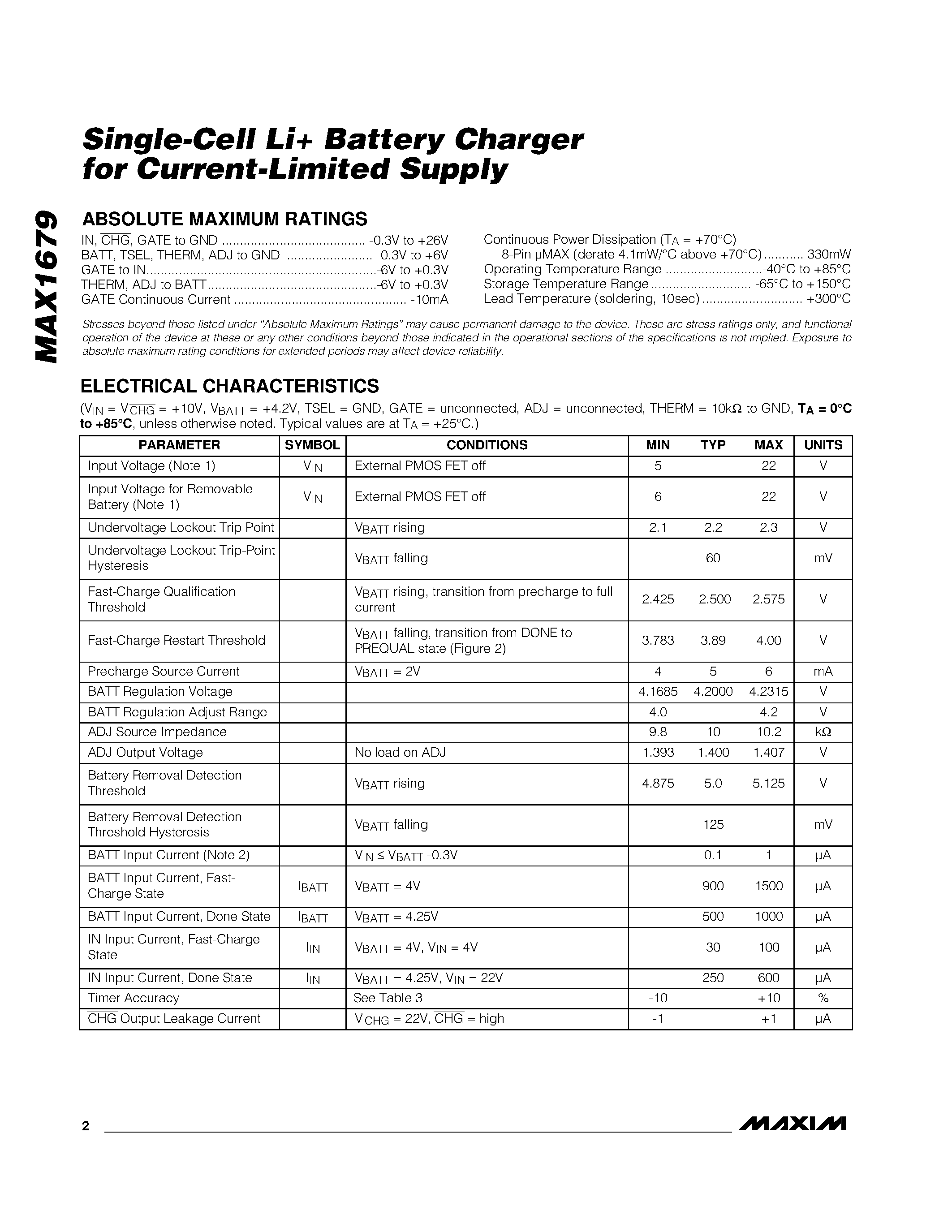 Datasheet MAX1679 - Single-Cell Li Battery Charger for Current-Limited Supply page 2