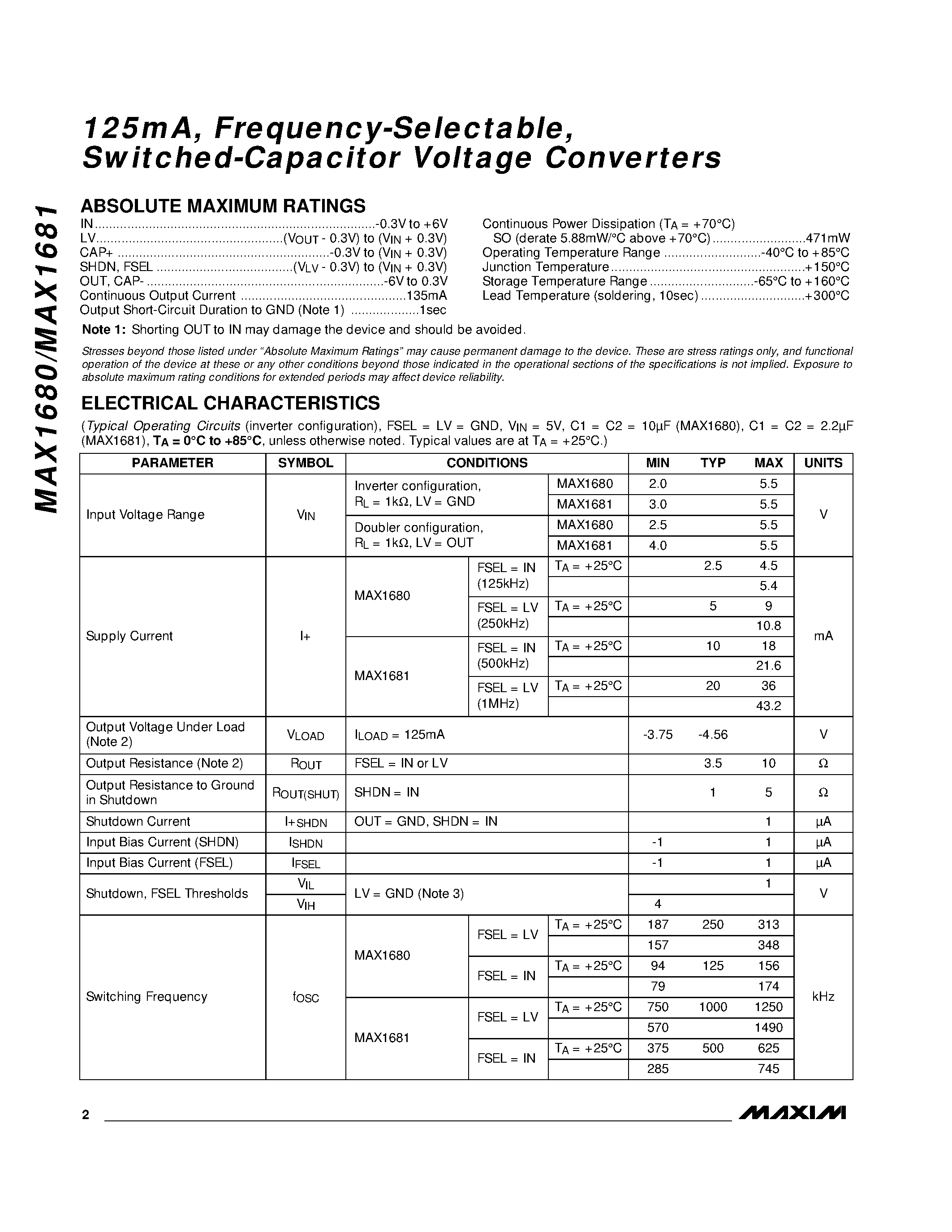 Datasheet MAX1680 - 125mA / Frequency-Selectable / Switched-Capacitor Voltage Converters page 2