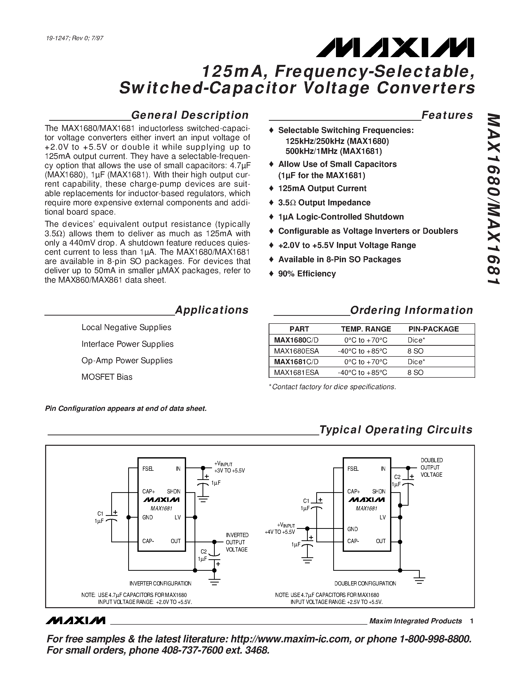 Datasheet MAX1680ESA - 125mA / Frequency-Selectable / Switched-Capacitor Voltage Converters page 1