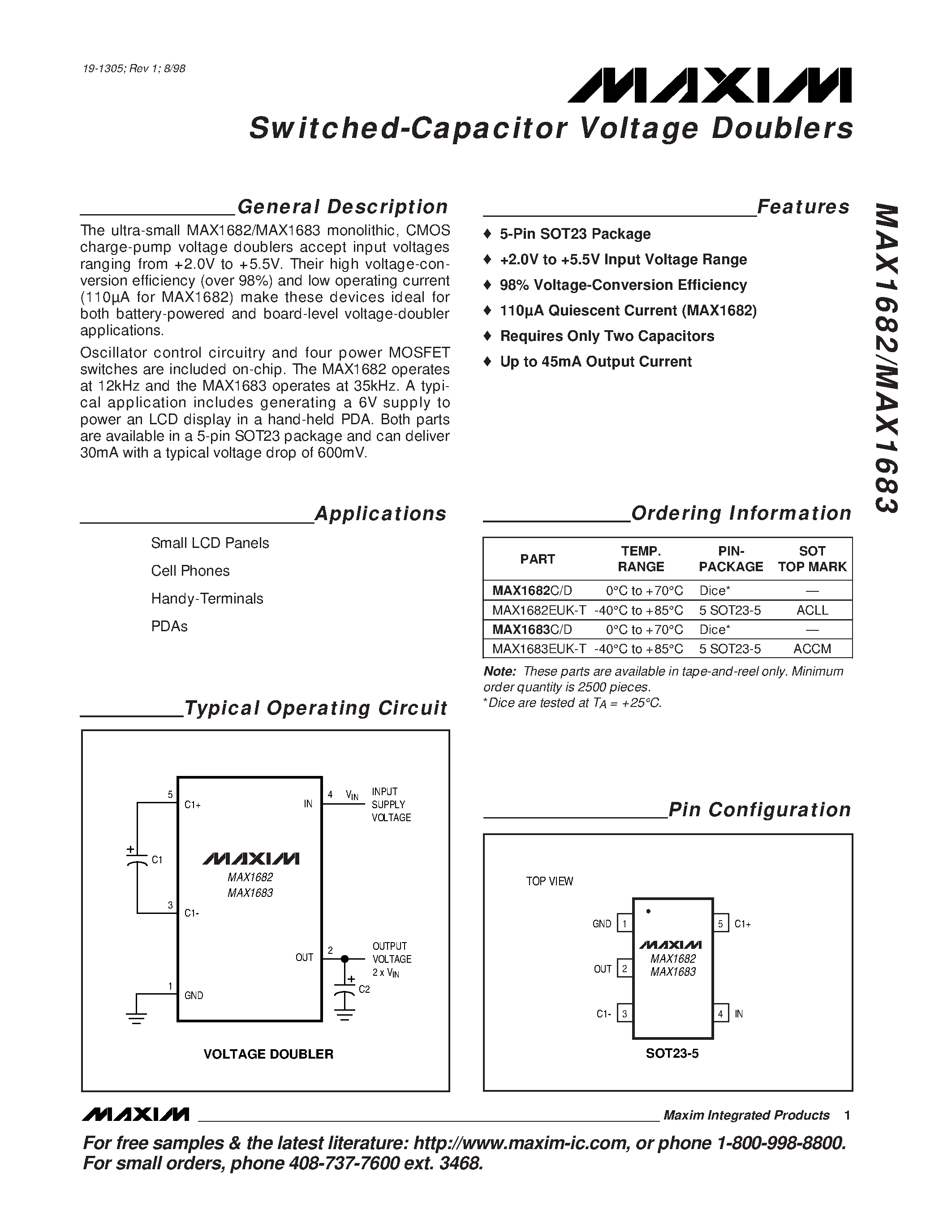 Datasheet MAX1682EUK-T page 1 Datasheet MAX1682EUK-T - Switched-Capacitor Voltage Doublers page 1