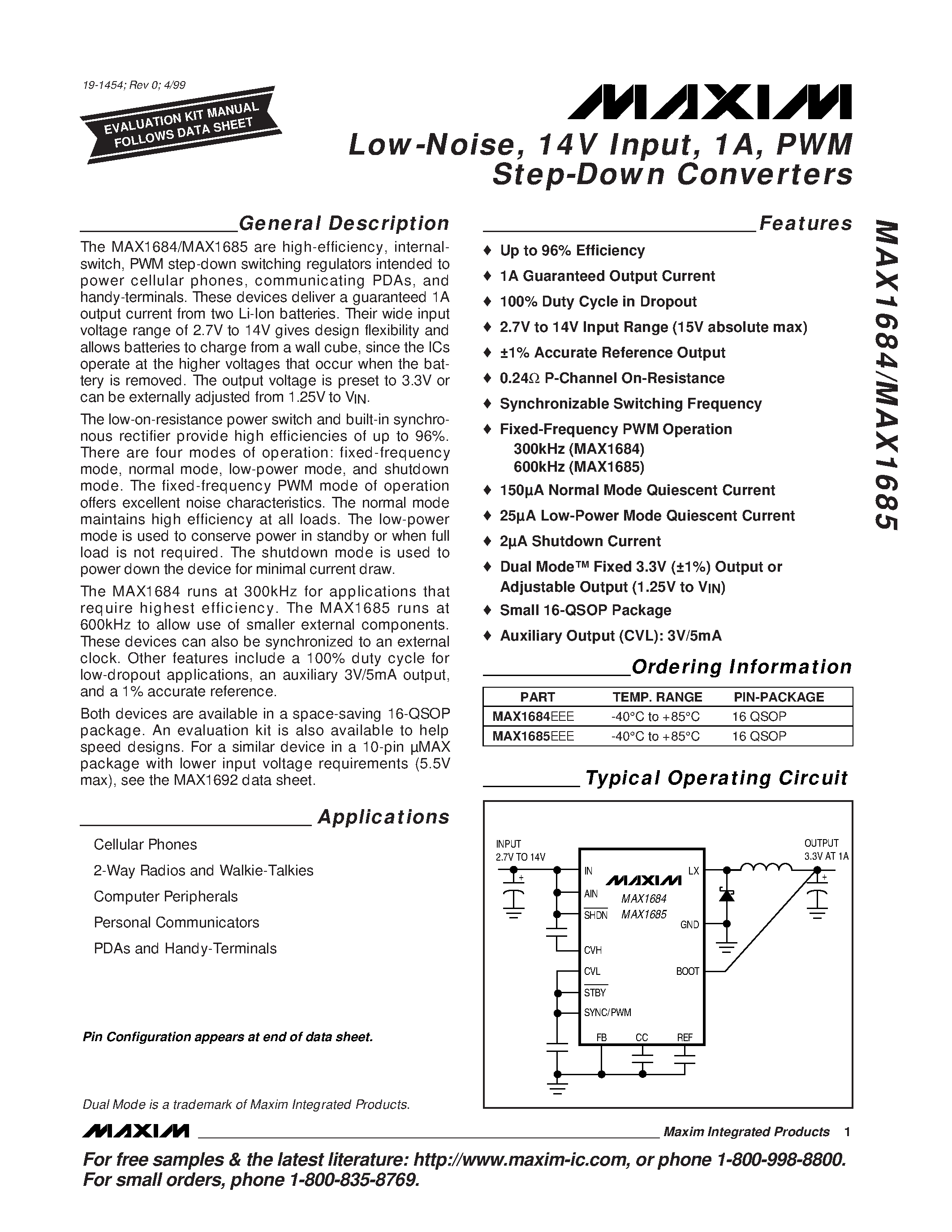 Datasheet MAX1684 page 1 Datasheet MAX1684 - Low-Noise / 14V Input / 1A / PWM Step-Down Converters page 1