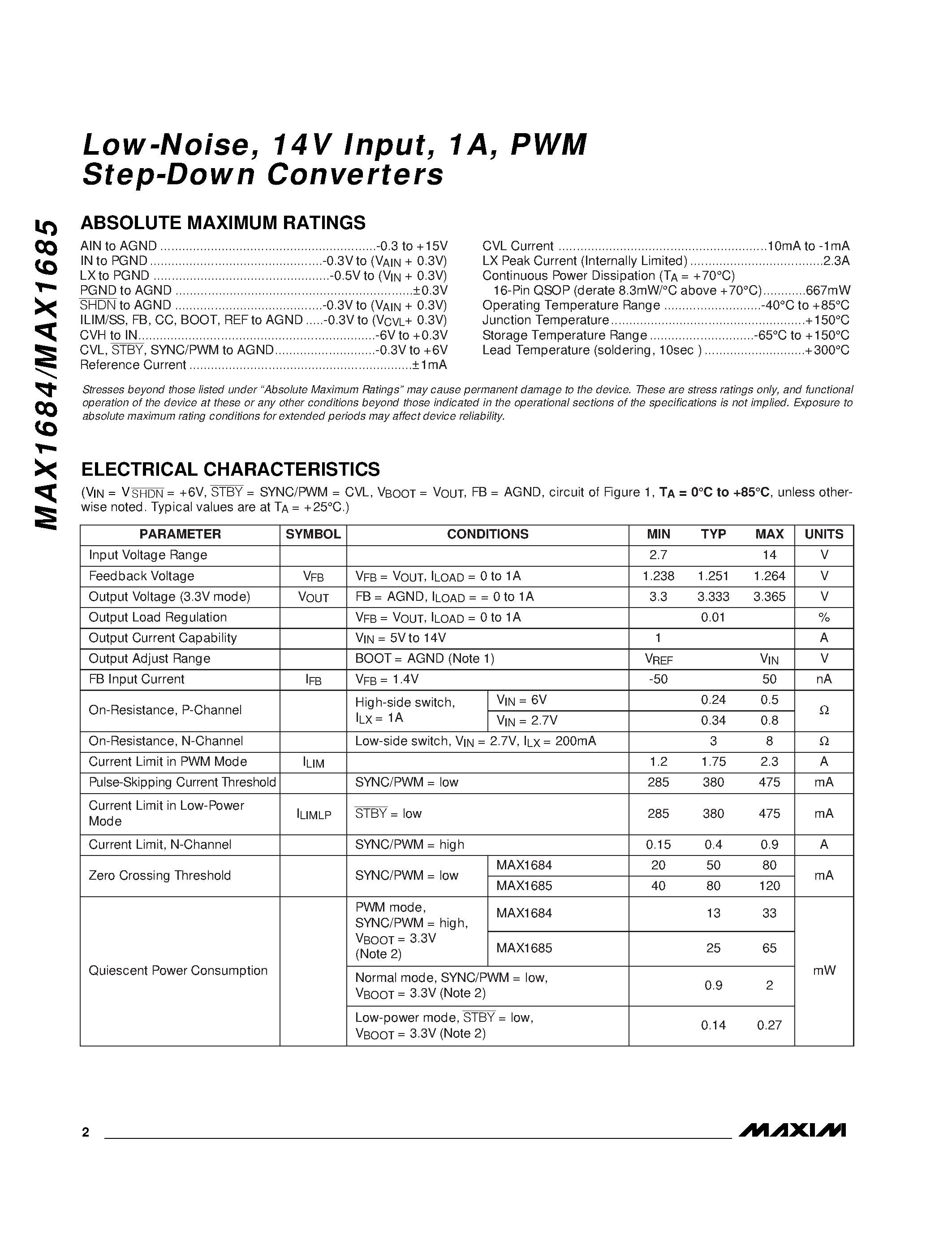 Datasheet MAX1685EEE page 2 Datasheet MAX1685EEE - Low-Noise / 14V Input / 1A / PWM Step-Down Converters page 2