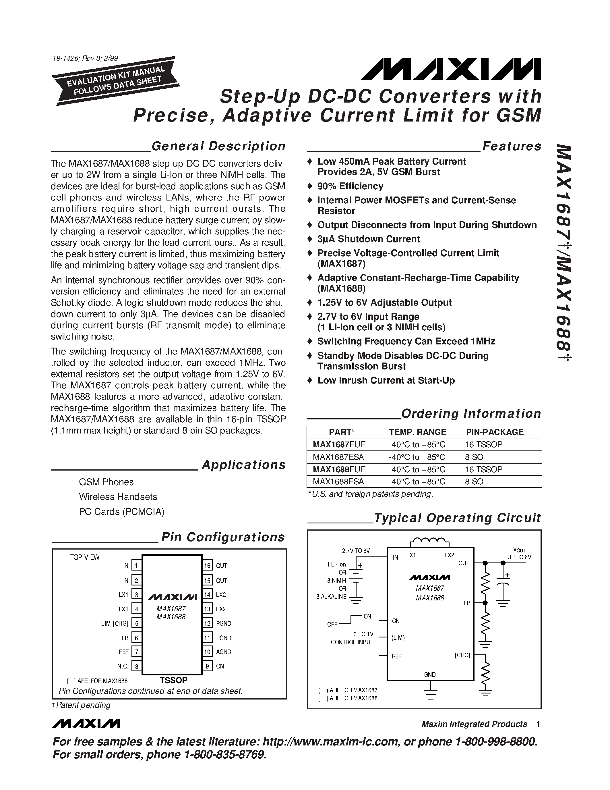 Datasheet MAX1688ESA page 1 Datasheet MAX1688ESA - Step-Up DC-DC Converters with Precise / Adaptive Current Limit for GSM page 1