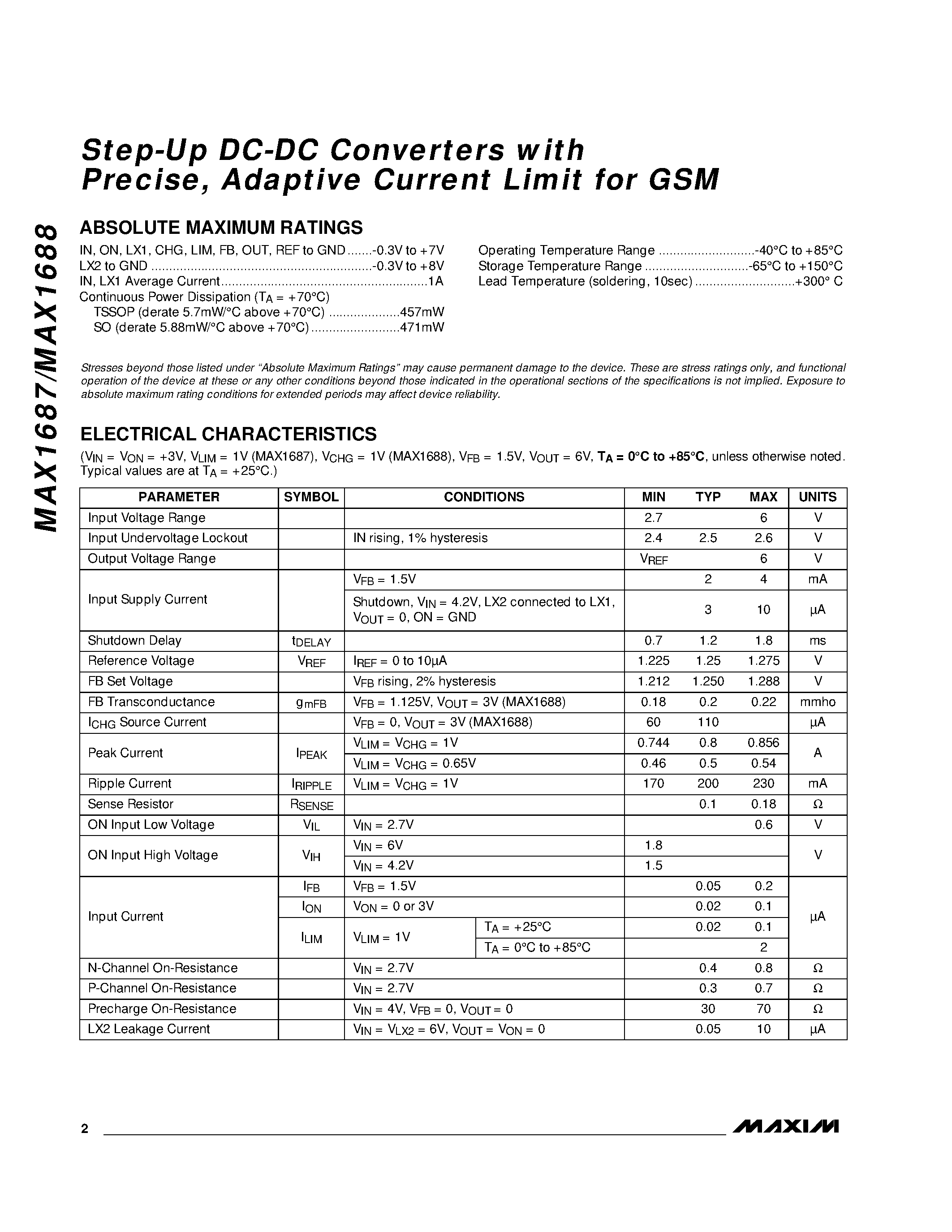 Datasheet MAX1688EUE page 2 Datasheet MAX1688EUE - Step-Up DC-DC Converters with Precise / Adaptive Current Limit for GSM page 2